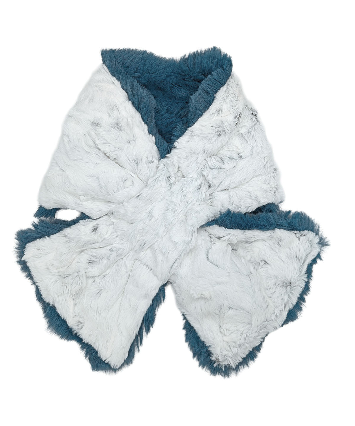 A soft Pull-Thru Scarf in Bluebell faux fur with the reverse side in WInters Frost faux fur. The scarf is shown reversed. The scarf is reversible and easily styled using the satin-lined pull-thru. Made in Seattle, WA, USA by Pandemonium Seattle.