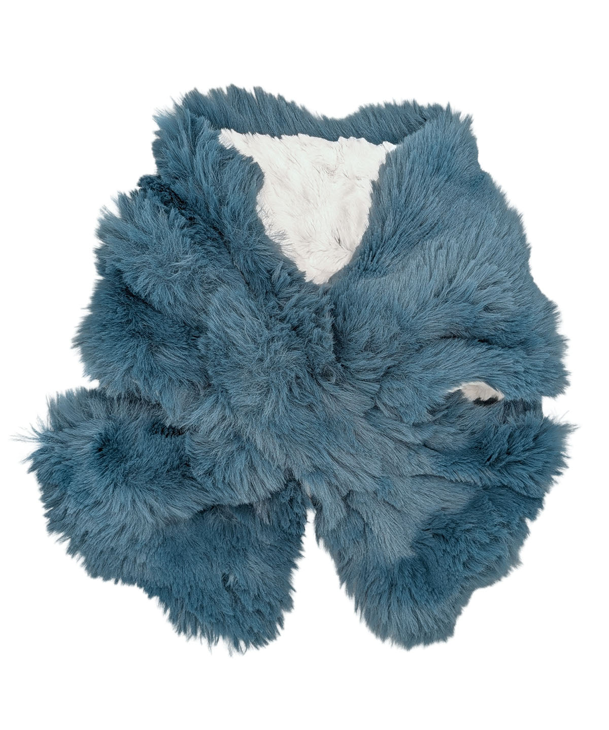 A soft Pull-Thru Scarf in Bluebell faux fur with the reverse side in Winters Frost faux fur. The scarf is reversible and easily styled using the satin-lined pull-thru. Made in Seattle, WA, USA by Pandemonium Seattle.