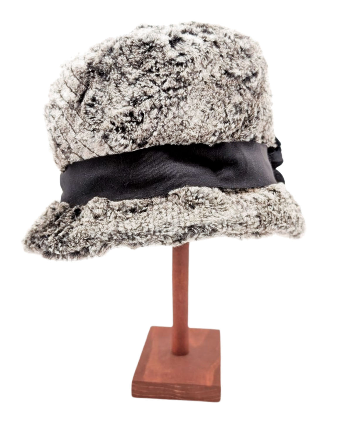 Back view of Women's Riley Cloche Hat in Wild in Black Luxury Faux Fur with a Black Grosgrain Band | Handmade in Seattle WA | Pandemonium Millinery