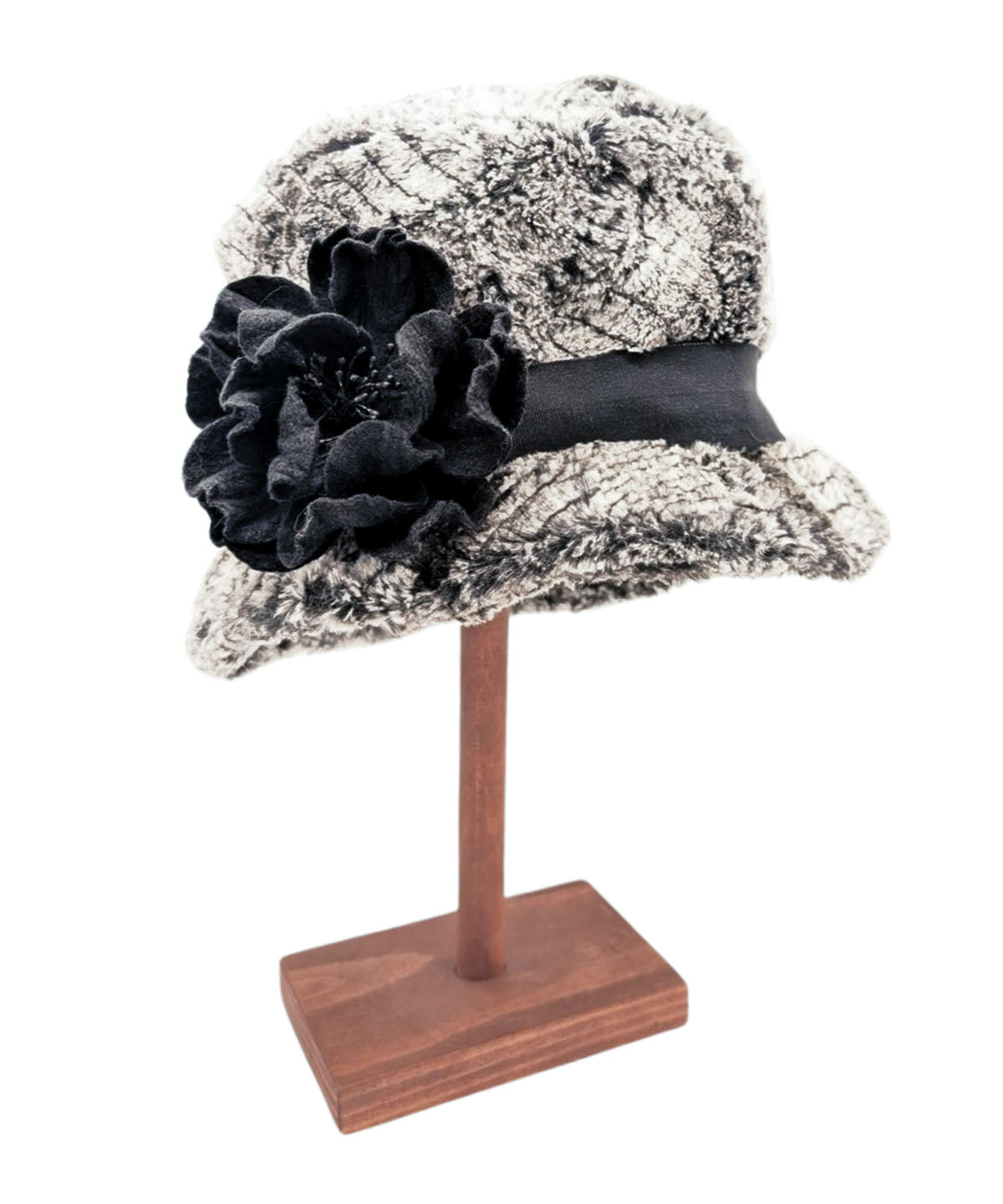 Women&#39;s Riley Cloche Hat in Wild in Black Luxury Faux Fur with a Black Felt Floral Brooch | Handmade in Seattle WA | Pandemonium Millinery