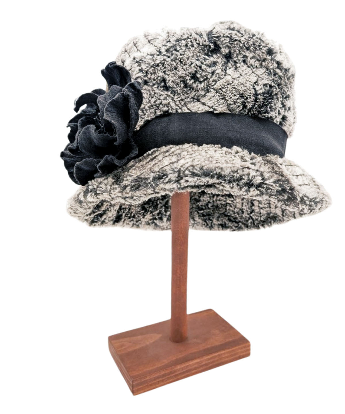 Front view of Women&#39;s Riley Cloche Hat in Wild in Black Luxury Faux Fur with a Black Felt Floral Brooch | Handmade in Seattle WA | Pandemonium Millinery