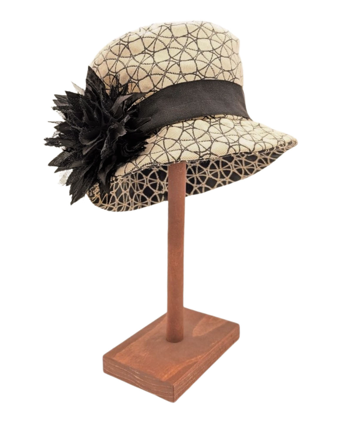 Women's Riley Cloche Hat in White and Black Cotton Twill with a Black Grosgrain Band and Black Lace Floral Brooch | Handmade in Seattle WA | Pandemonium Millinery