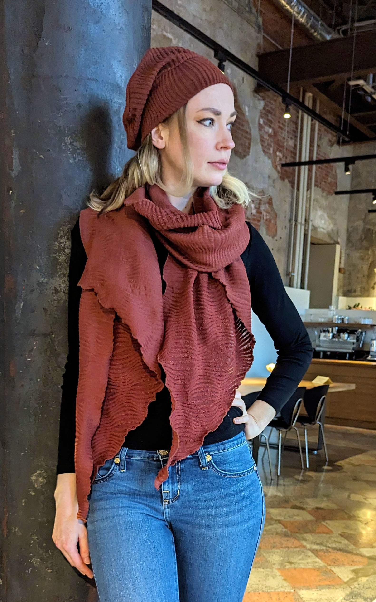 Model in Handkerchief Scarf and Rowdie in Fractal Burnt Sienna from the Pandemonium Seattle Fractal Collection. LYC by Pandemonium is handmade in Seattle, WA, USA.