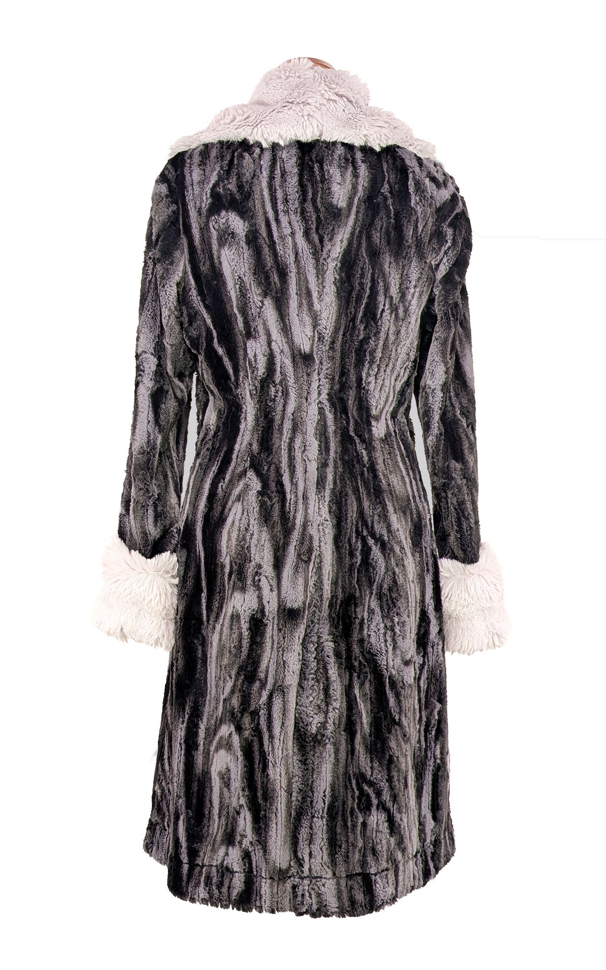 Back view of Roxy Coat in Classic Luxury Faux Fur Marble Black Dune Faux with Enchanted Dream Cuffs and Collar. Handmade in Seattle, WA, USA by Pandemonium Millinery