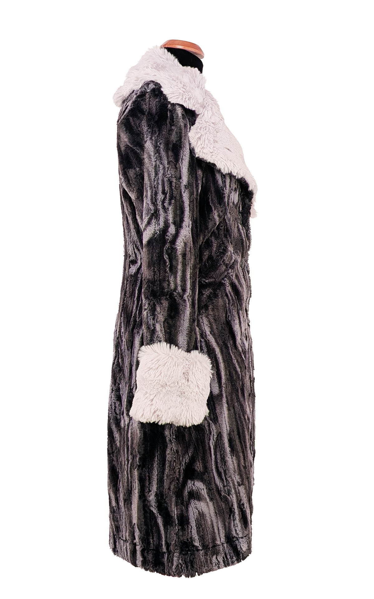 Roxy Coat in Classic Luxury Faux Fur Marble Black Dune Faux with Enchanted Dream Cuffs and Collar. Shown in side view. Handmade in Seattle, WA, USA by Pandemonium Millinery