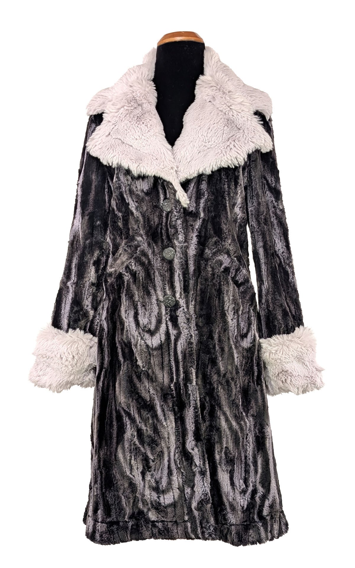 Roxy Coat in Classic Luxury Faux Fur Marble Black Dune Faux with Enchanted Dream Cuffs and Collar. Handmade in Seattle, WA, USA by Pandemonium Seattle.