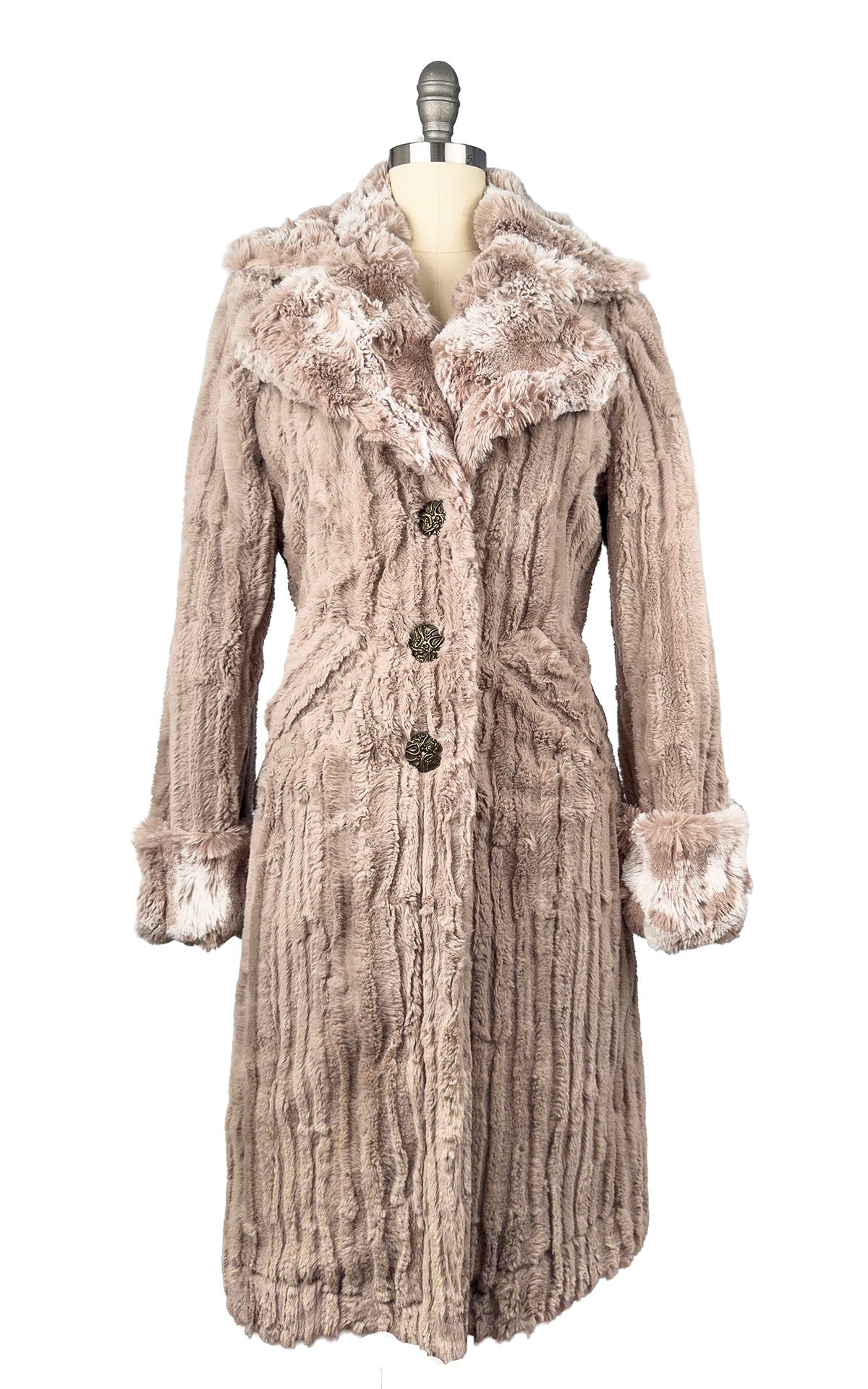 Roxy Coat in Classic Luxury Cirrus Honey Faux Fur with Cloudwalk Honey collar and cuffs.  Made in Seattle, WA, USA by Pandemonium Seattle.