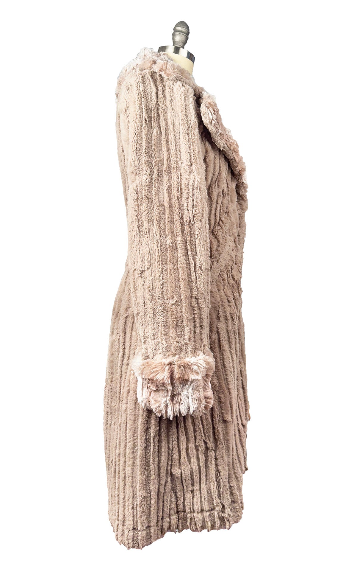 Roxy Coat in Classic Luxury Cirrus Honey Faux Fur with Cloudwalk Honey collar and cuffs. Shown in side view. Made in Seattle, WA, USA by Pandemonium Seattle.