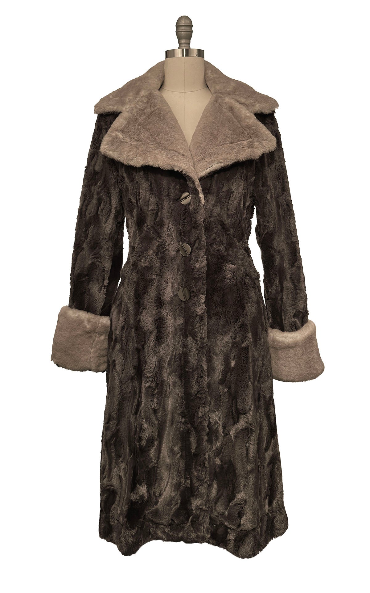 Roxy Coat in Classic Luxury Espresso Bean Faux Fur with Coastal Plush Golden Bluff collar and cuffs. Made in Seattle, WA, USA by Pandemonium Seattle.
