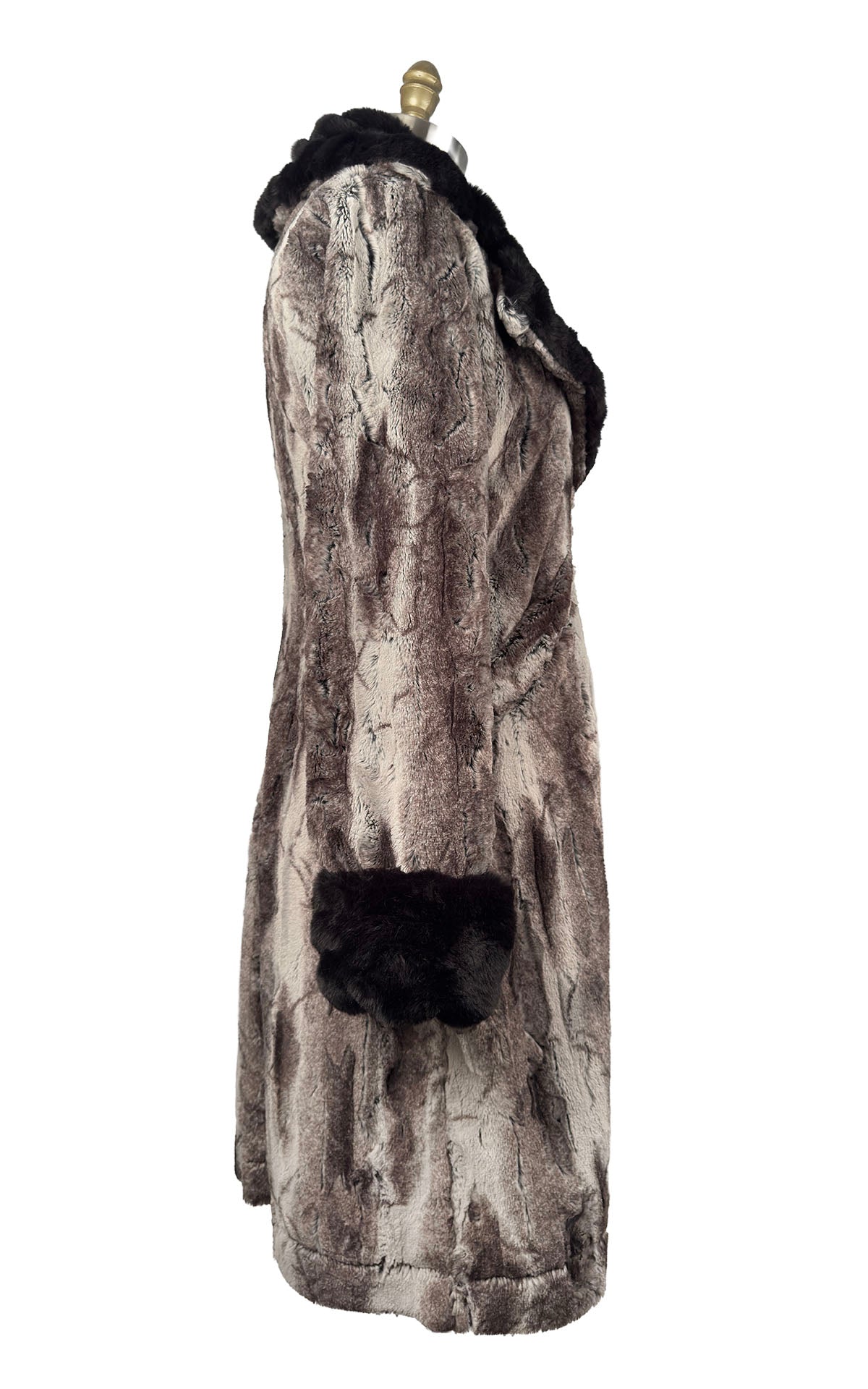 Roxy Coat in Classic Luxury Rock Steady Faux Fur with Onyx Cuffs and Collar. Shown in side profile. Made in Seattle, WA, USA by Pandemonium Seattle.