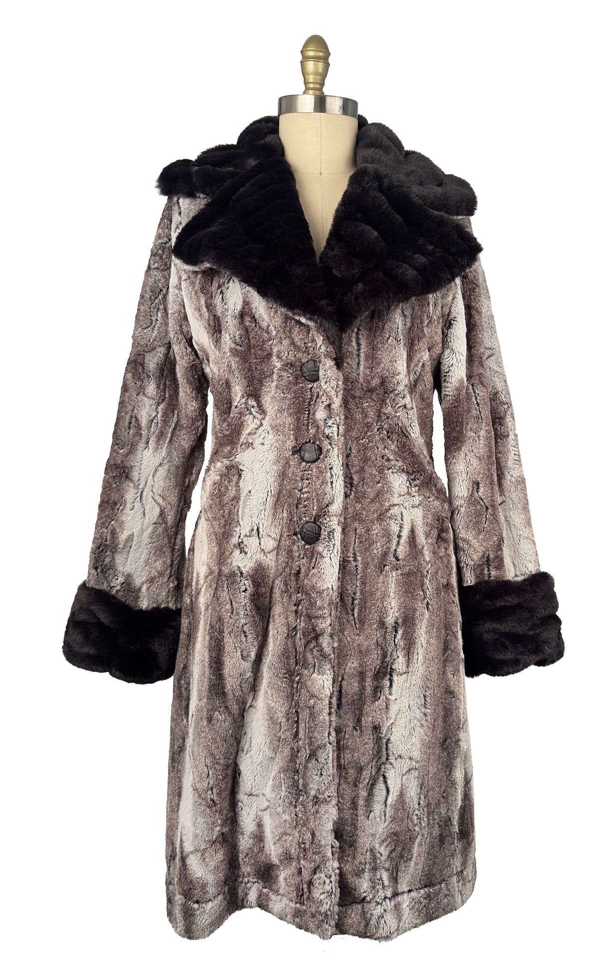 Roxy Coat in Classic Luxury Rock Steady Faux Fur with Onyx Cuffs and Collar. Made in Seattle, WA, USA by Pandemonium Seattle.