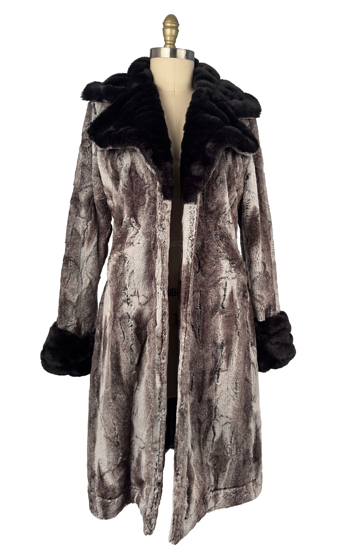 Roxy Coat in Classic Luxury Rock Steady Faux Fur with Onyx Cuffs and Collar. Shown unbuttoned. Made in Seattle, WA, USA by Pandemonium Seattle.