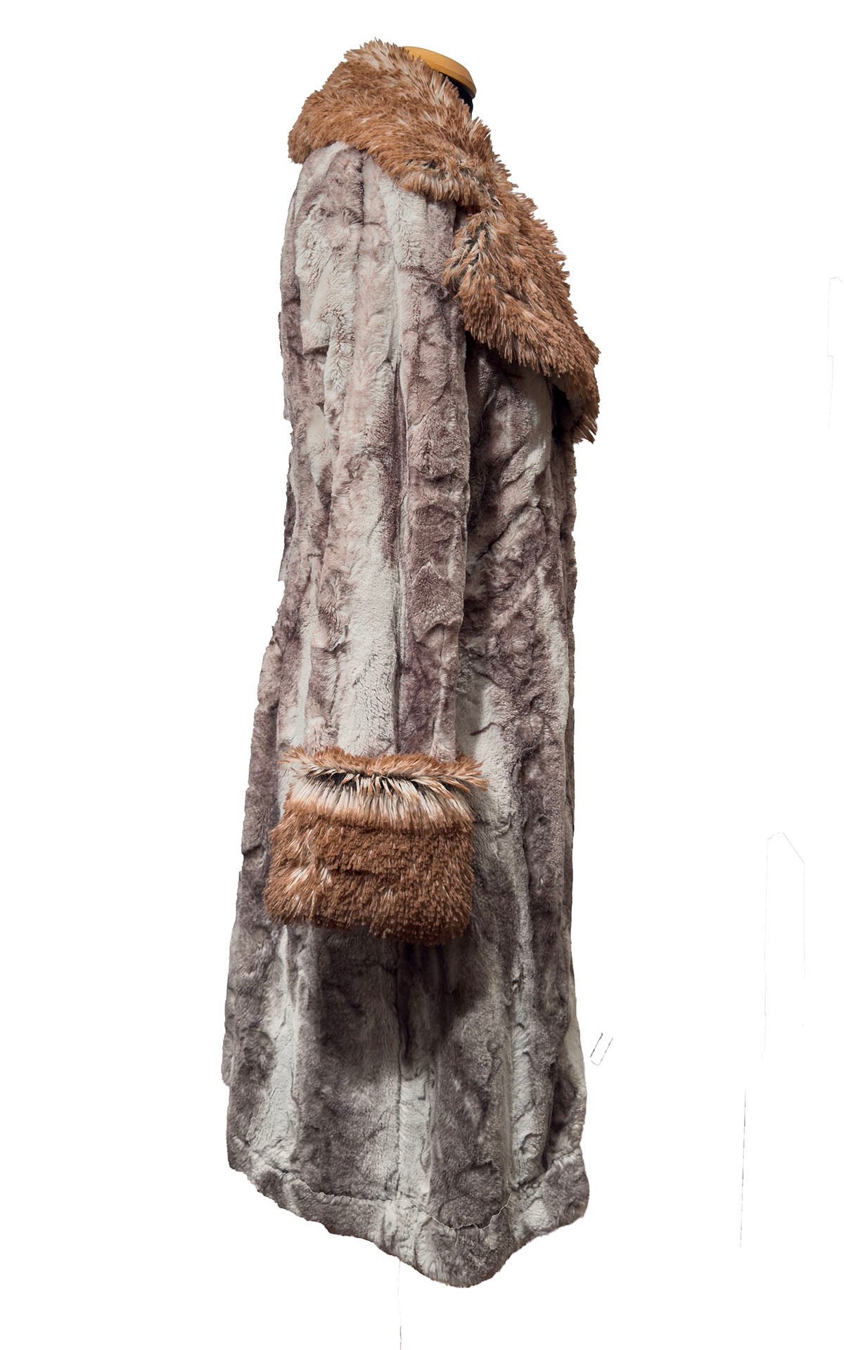 Roxy Coat in Classic Luxury Rusty Rock Faux Fur with Red Fox collar and cuffs. Shown in side view. Made in Seattle, WA, USA by Pandemonium Seattle.