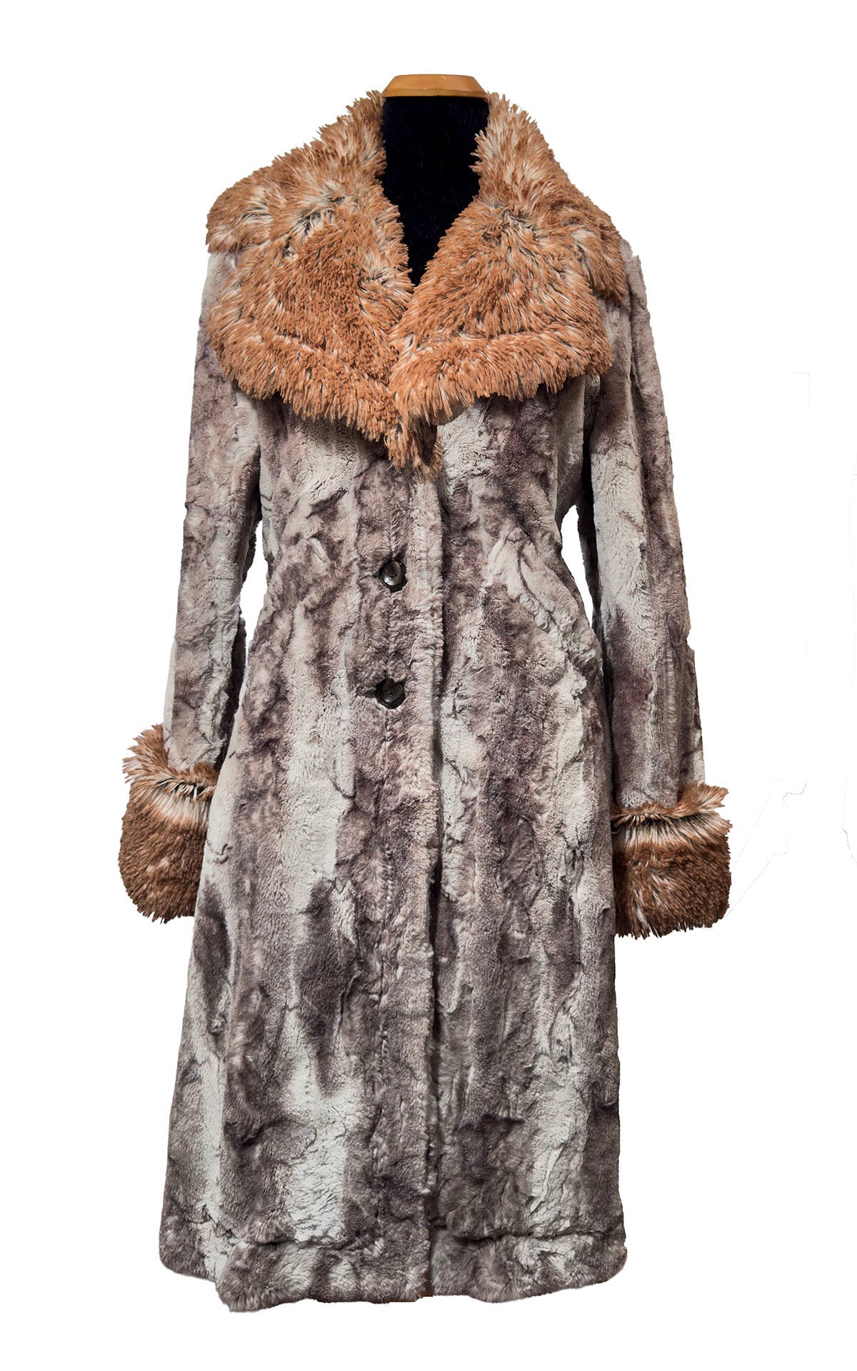 Roxy Coat in Classic Luxury Rusty Rock Faux Fur with Red Fox collar and cuffs.  Made in Seattle, WA, USA by Pandemonium Seattle.
