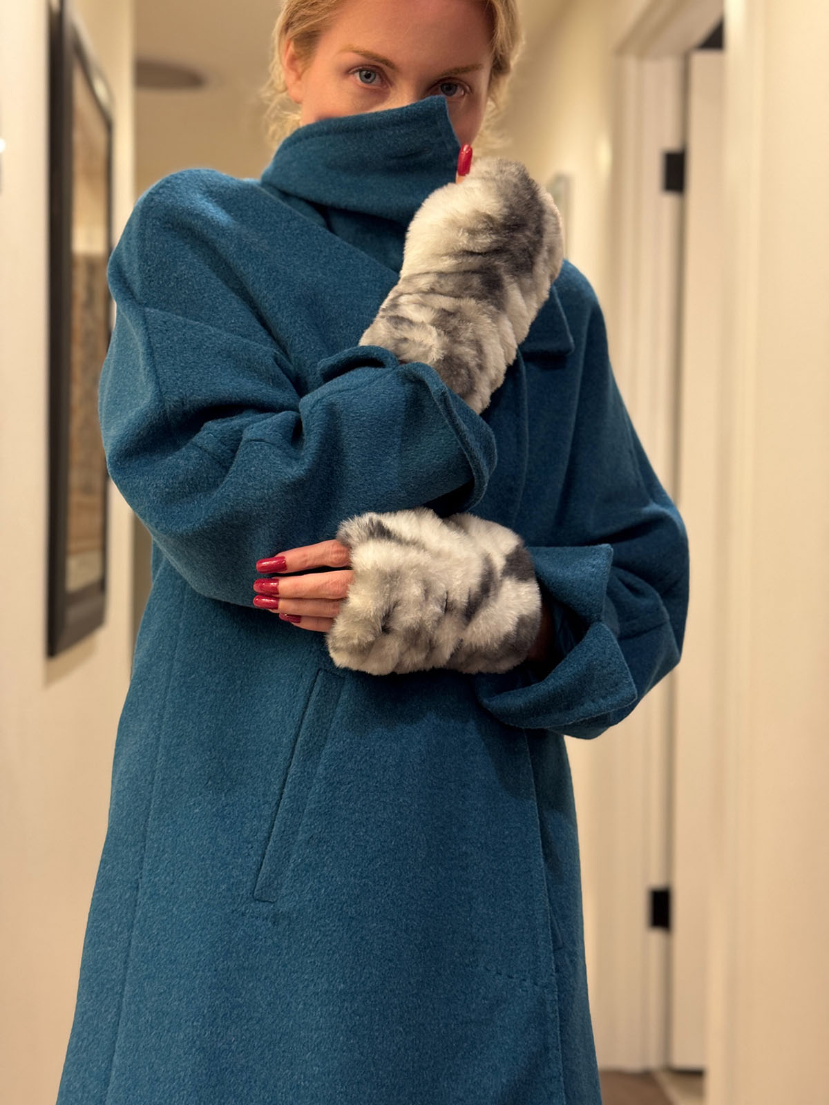 Woman wearing Royal Opulence Fingerless Gloves Short in Aspen. Made in Seattle, WA, USA by Pandemonium Seattle.