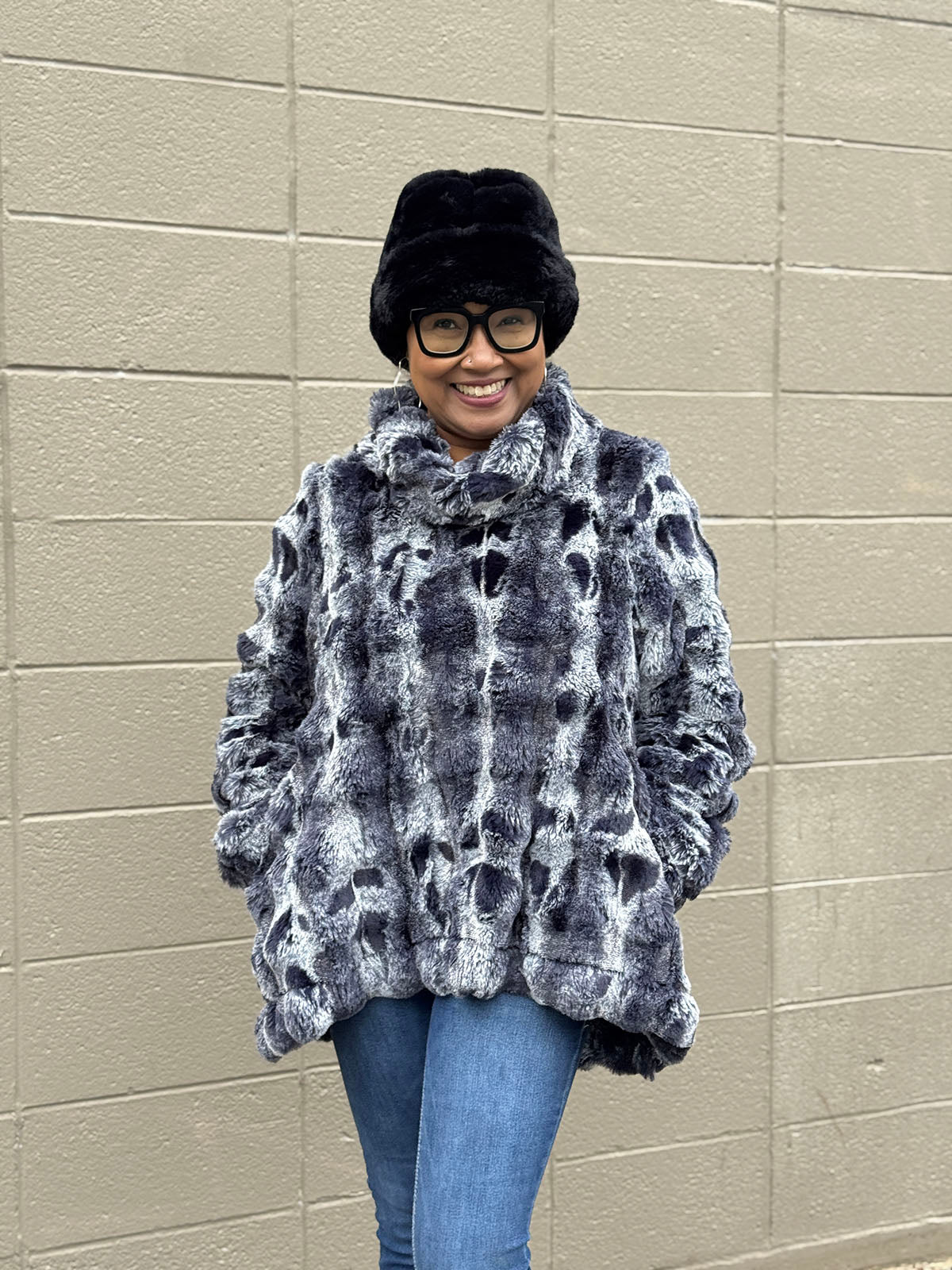 Woman wearing the Pandemonium Cowl Top Pullover in color Cloudwalk in Shadow. Hand sewn in Seattle, WA by Pandemonium Seattle.