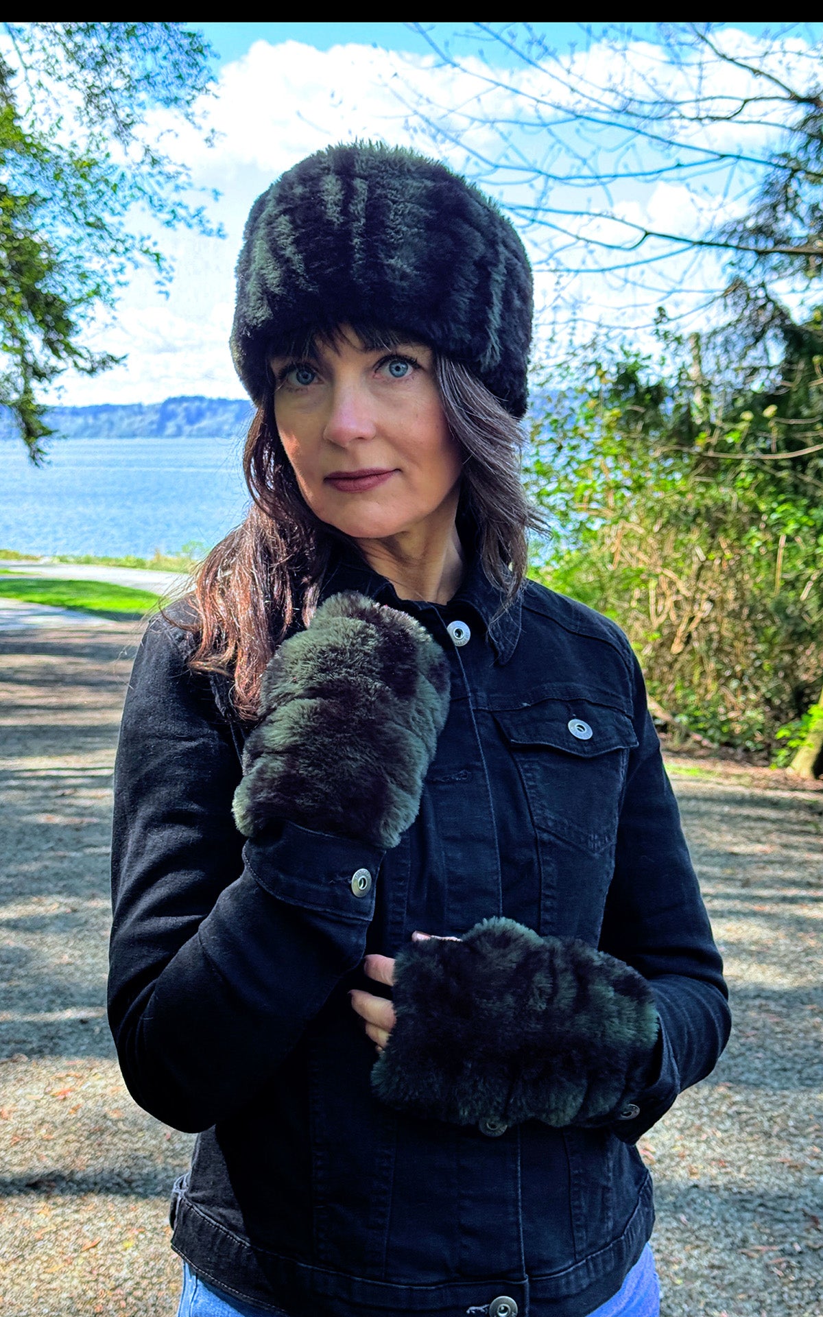 Woman wearing the Royal Opulence Ear Neck Cozy Wide in Black Pine and Fingerless Gloves Short in Black Pine Faux Fur. Made in Seattle, WA, USA by Pandemonium Seattle.