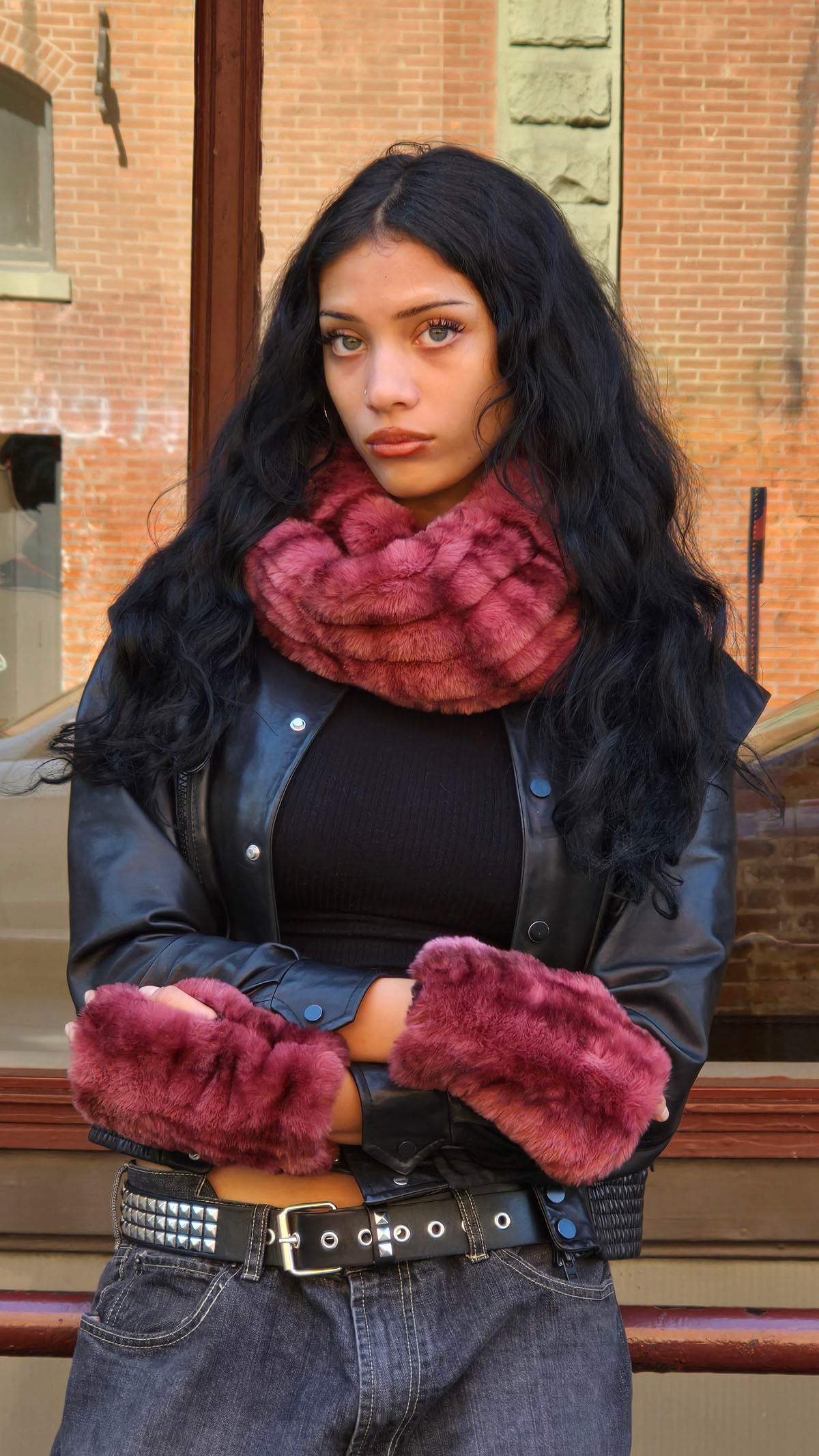 Woman wearing a Royal Opulence Neck Warmer in Maple Glow with matching fingerless gloves. Made in Seattle, WA, USA by Pandemonium Seattle.