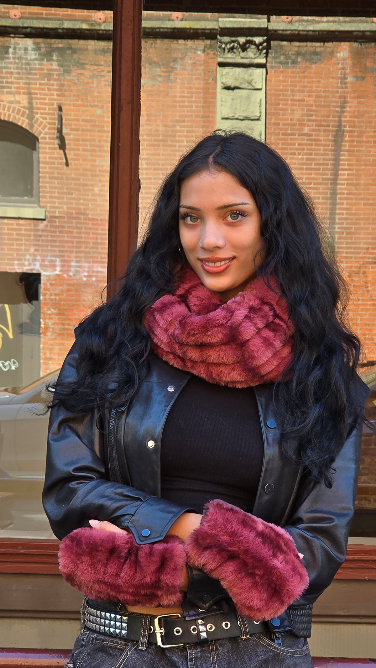 Woman wearing Royal Opulence Fingerless Gloves Short in Maple Glow and matching Neck Warmer. Made in Seattle, WA, USA by Pandemonium Seattle.