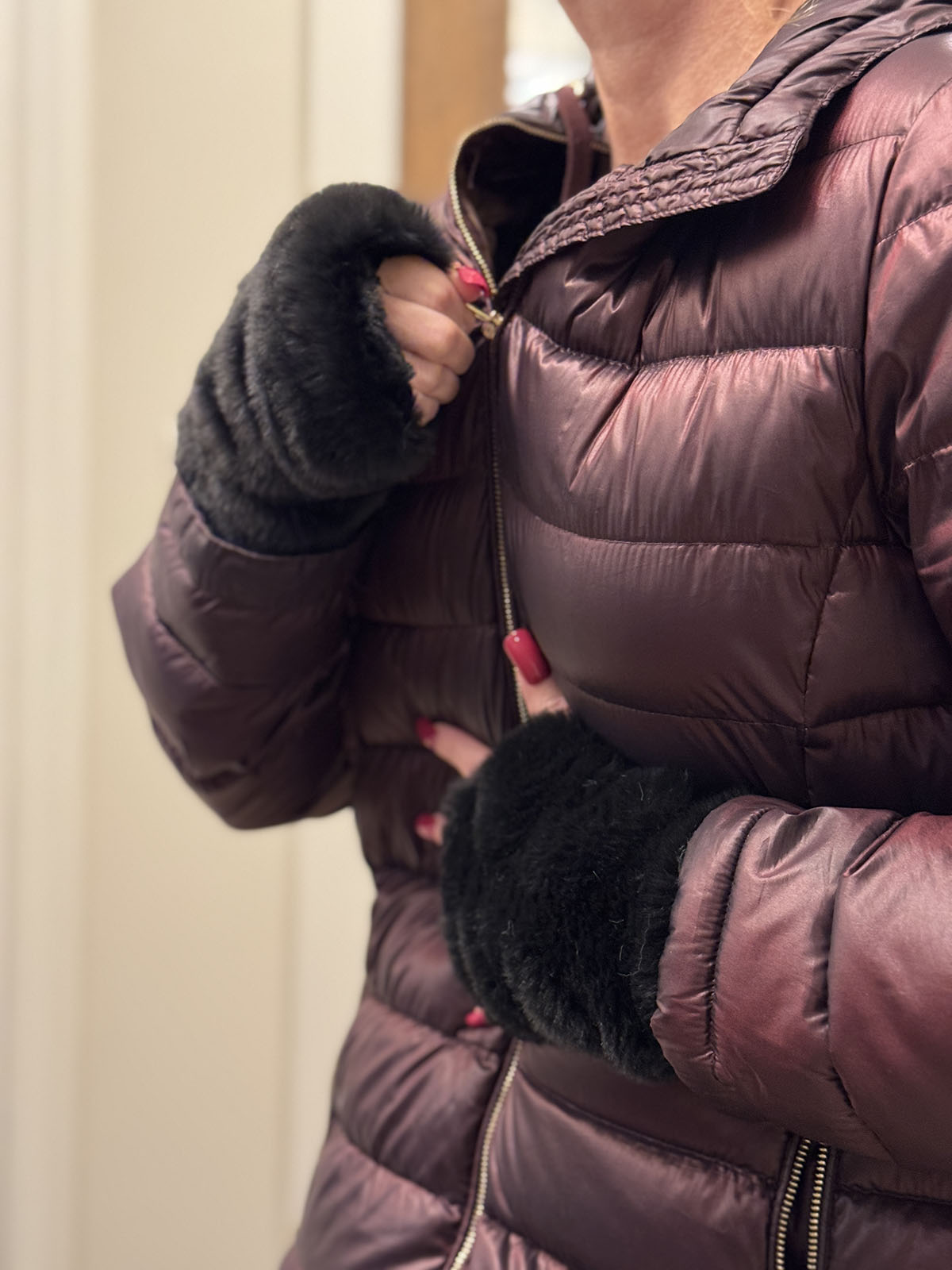 Woman wearing Royal Opulence Fingerless Gloves Short in Onyx. Made in Seattle, WA, USA by Pandemonium Seattle.