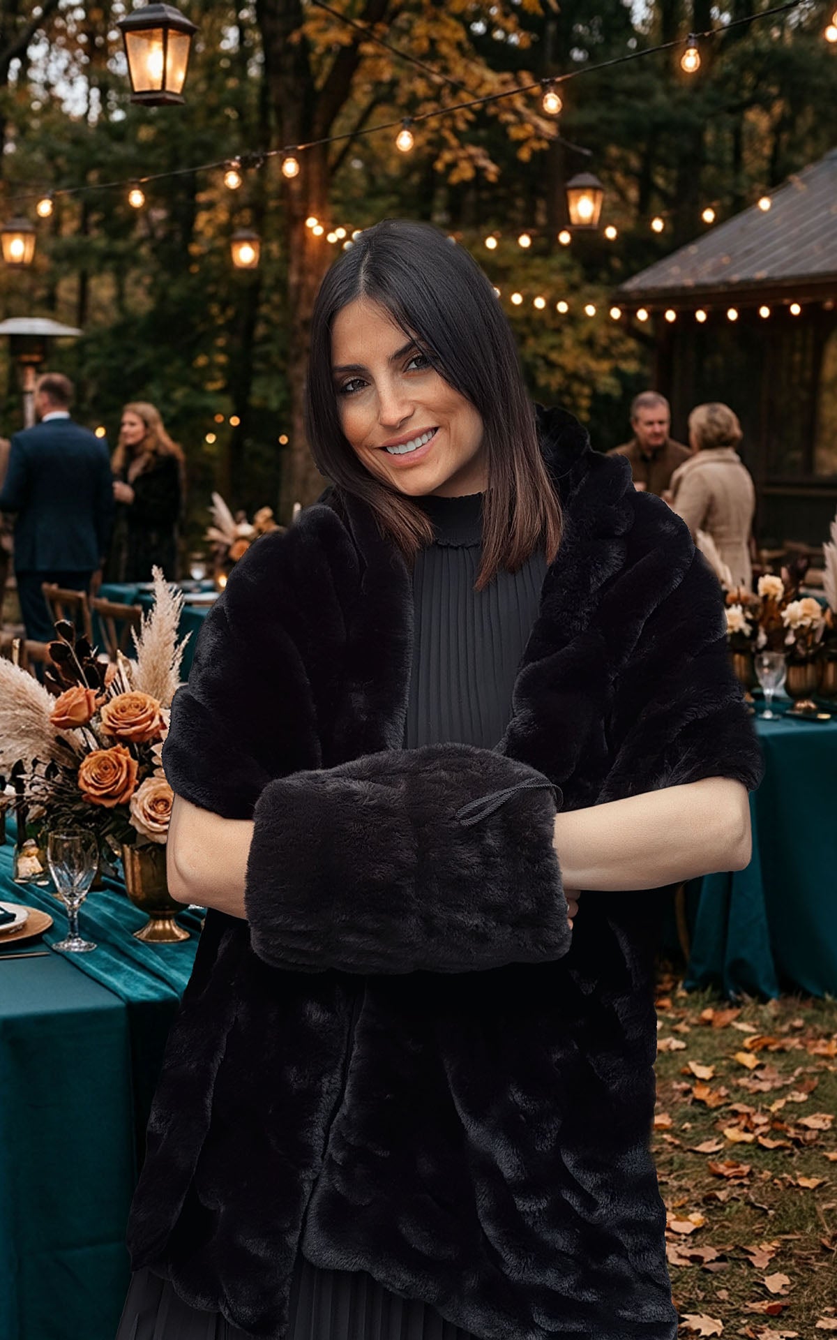 Woman wearing the Royal Opulence Onyx Stole and matching Hand Muff in Onyx. Made in Seattle, WA, USA by Pandemonium Seattle.