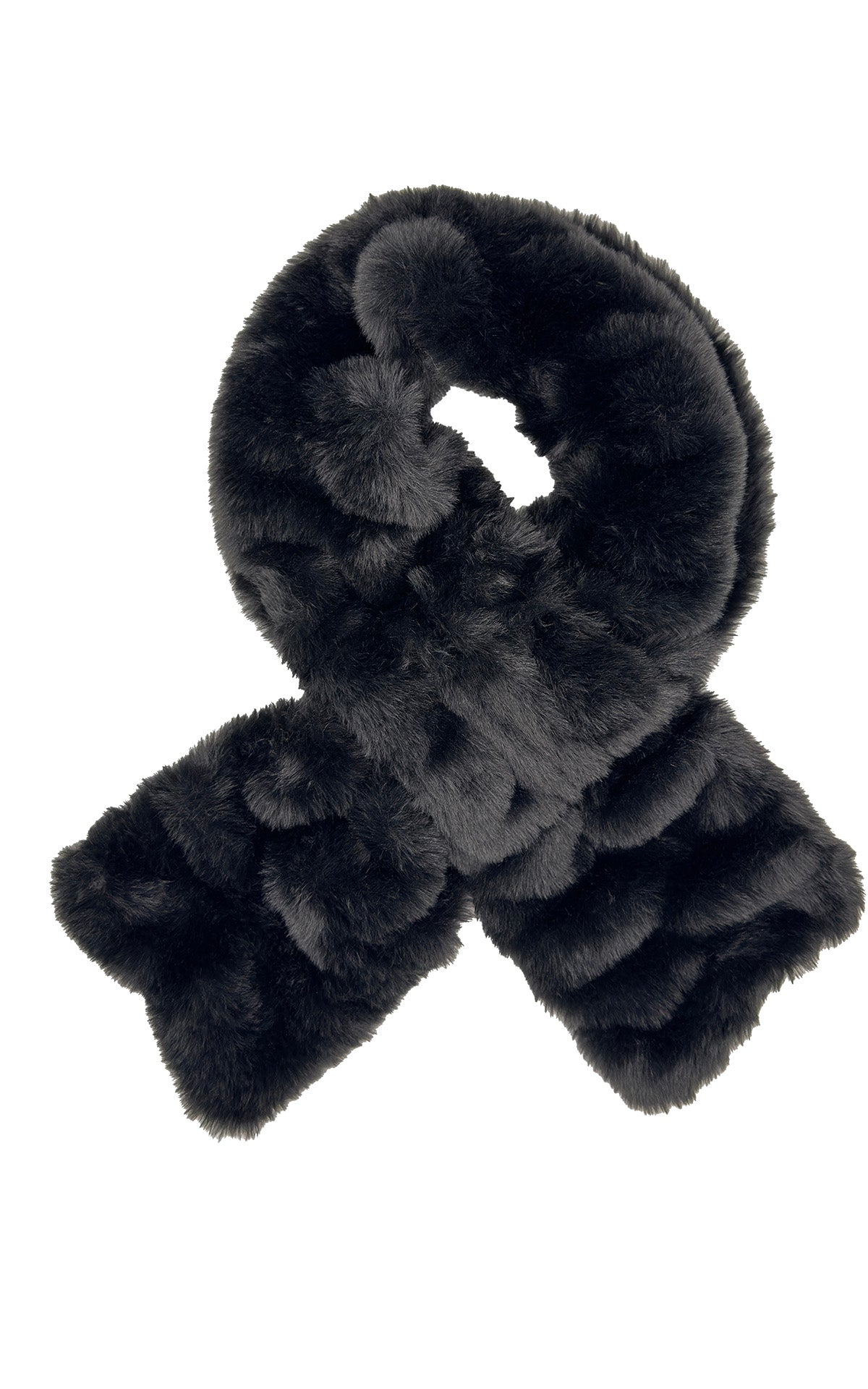The super plush Royal Opulence Pull-Thru Scarf in Onyx, our lush deep black faux fur. Made in Seattle, WA, USA by Pandemonium Seattle.