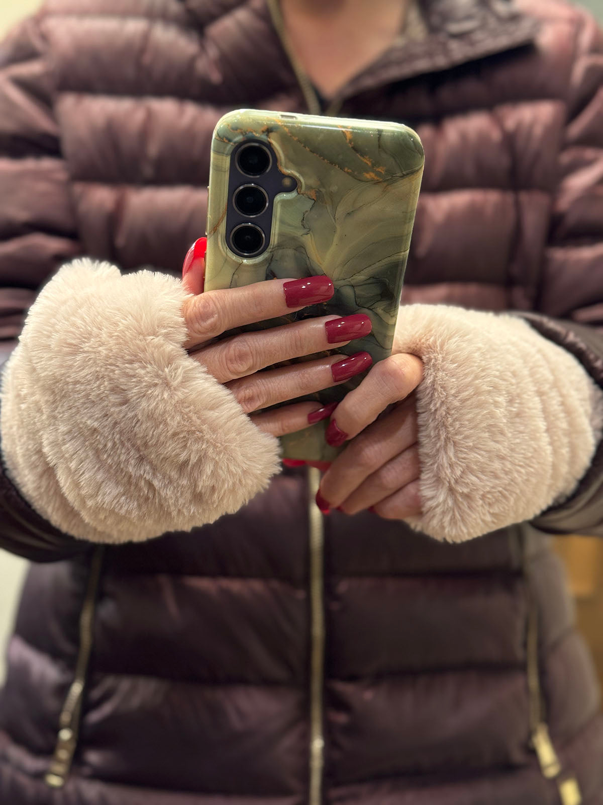 Woman wearing Royal Opulence Fingerless Gloves Short in Rose. Made in Seattle, WA, USA by Pandemonium Seattle.