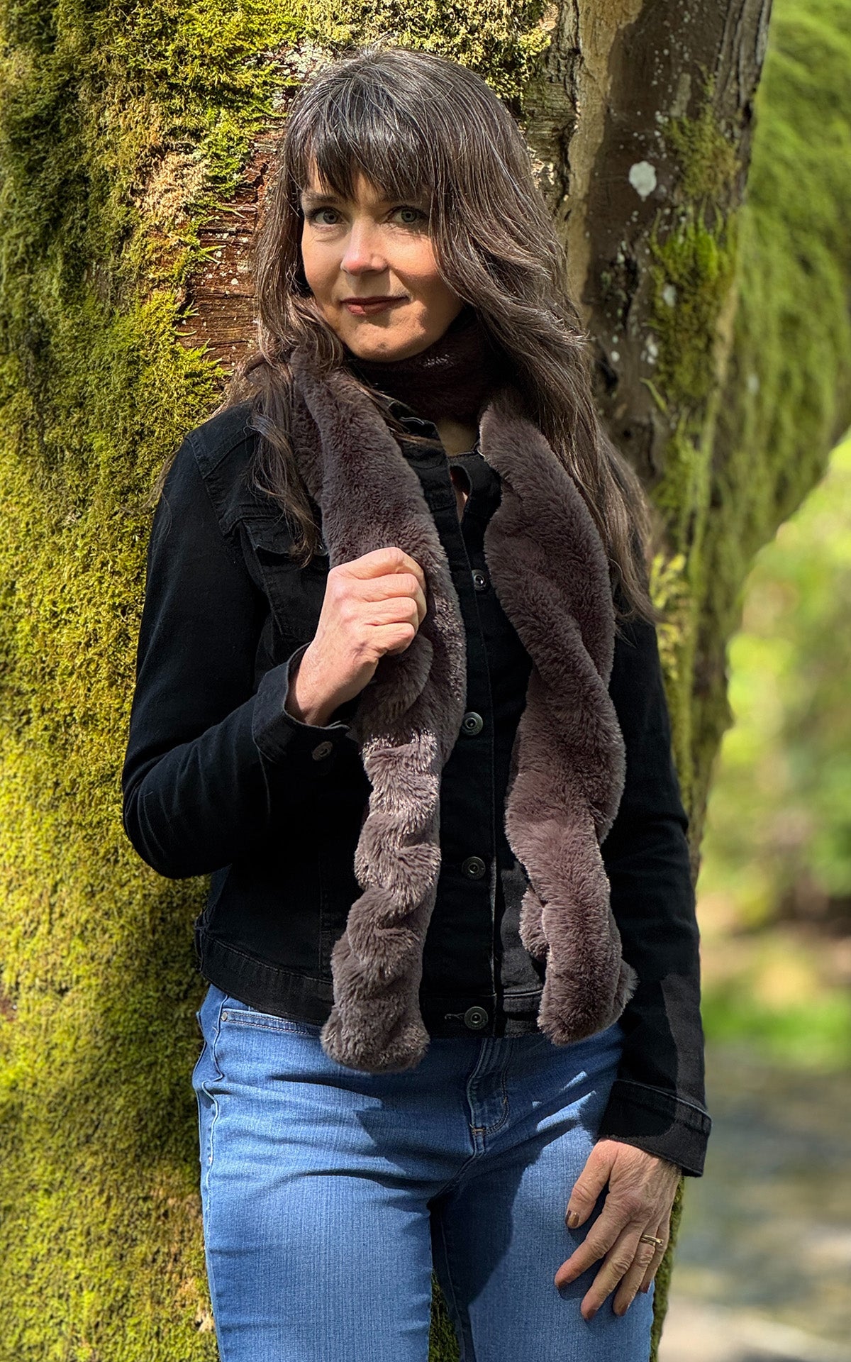 Woman wearing the Royal Opulence Skinny Scarf in Mink Gray. Made in Seattle, WA, USA by Pandemonium Seattle.