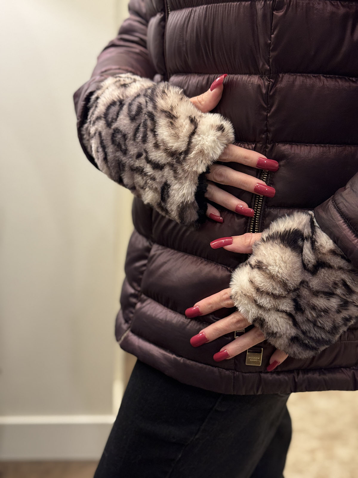 Woman wearing Royal Opulence Fingerless Gloves Short in Snow Leopard  close up. Made in Seattle, WA, USA by Pandemonium Seattle.