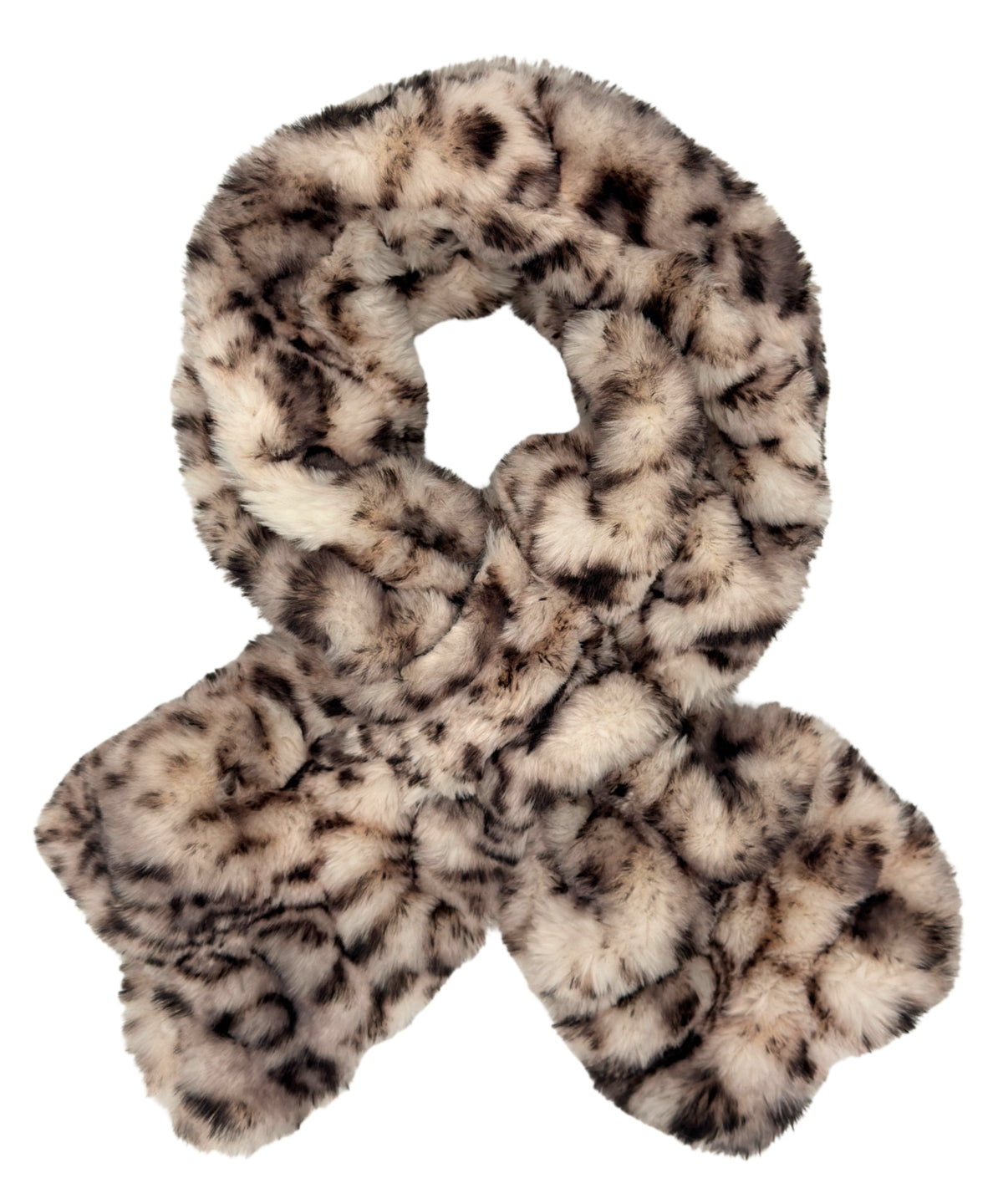 The super plush Royal Opulence Pull-Thru Scarf in Snow Leopard, a classic combination of browns, whites and black. Made in Seattle, WA, USA by Pandemonium Seattle.