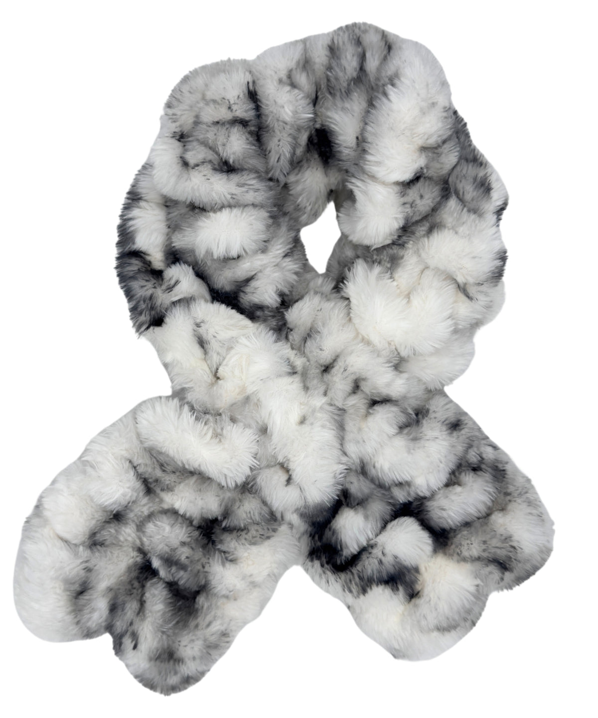 The super plush Royal Opulence Pull-Thru Scarf in Aspen a lush combination of grays, whites and black. Made in Seattle, WA, USA by Pandemonium Seattle.