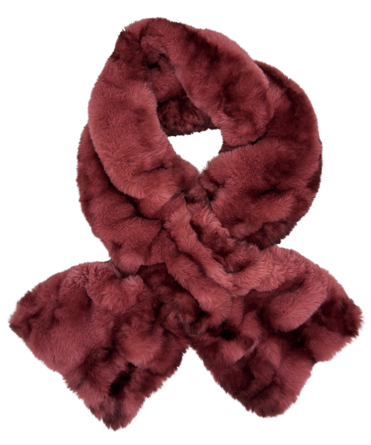 The super plush Royal Opulence Pull-Thru Scarf in Maple Glow, a bright, rich combination of deep burgundies and rosé. Made in Seattle, WA, USA by Pandemonium Seattle.