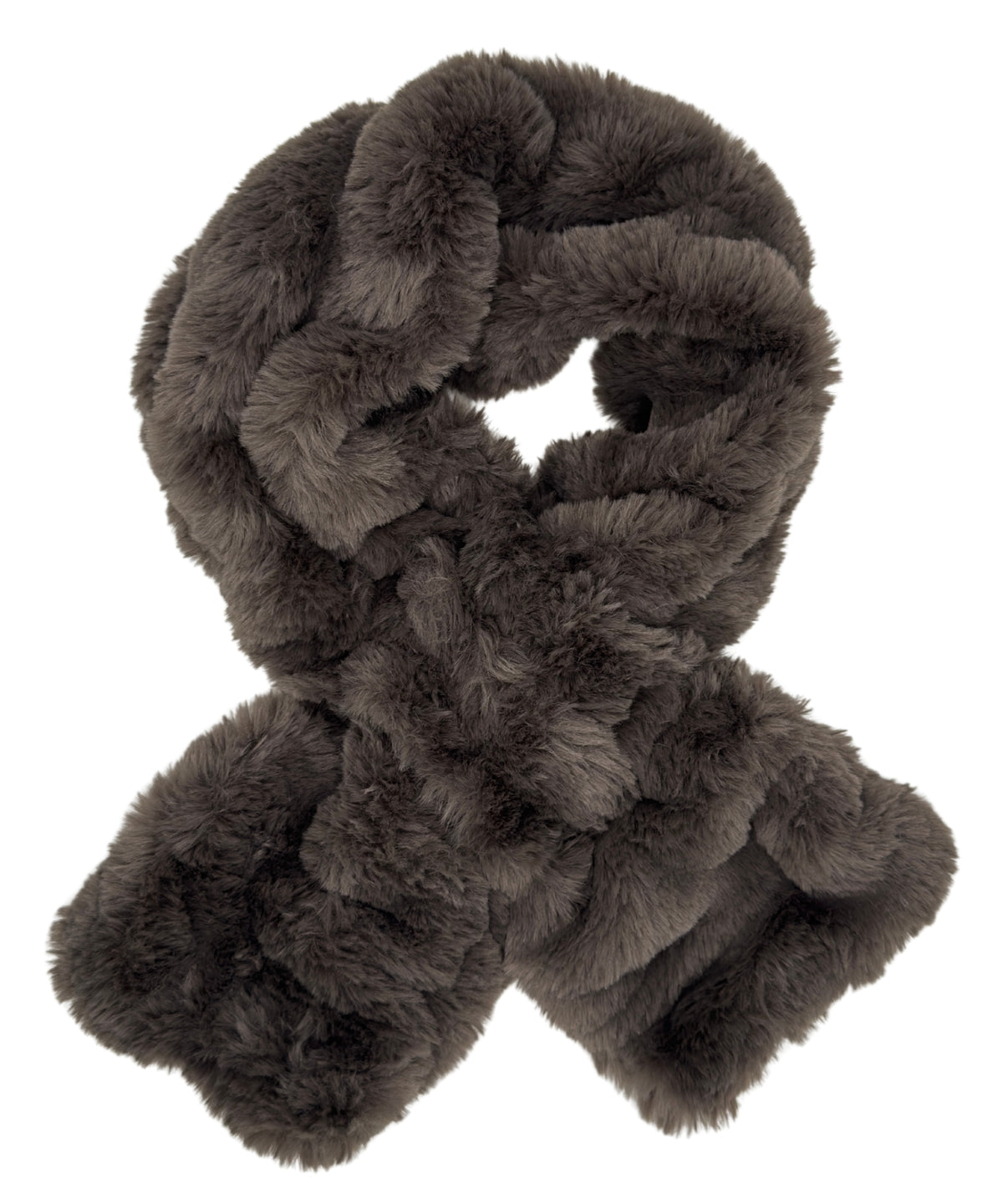The super plush Royal Opulence Pull-Thru Scarf in Mink Gray, a dark, rich gray. Made in Seattle, WA, USA by Pandemonium Seattle.