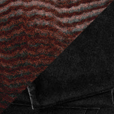 A swatch for Santa Hat Style in Black Velvet with Desert Sand Crimson Faux Fur Cuffs by Pandemonium Seattle. Handmade in Seattle, WA USA
