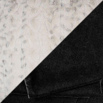 A swatch for  Santa Hat Style in Black Velvet with Winter Frost Faux Fur Cuffs by Pandemonium Seattle. Handmade in Seattle, WA USA