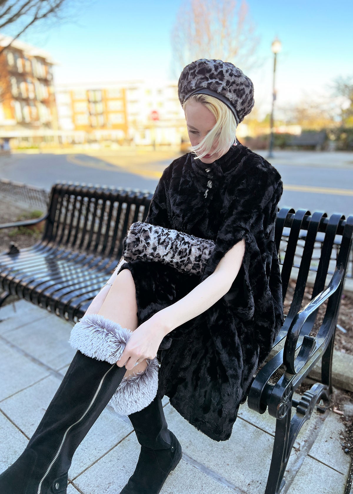 Boot Toppers and Long Cape | Cuddly Black and Pearl Fox Faux Fur | Handmade in Seattle WA USA by Pandemonium Millinery