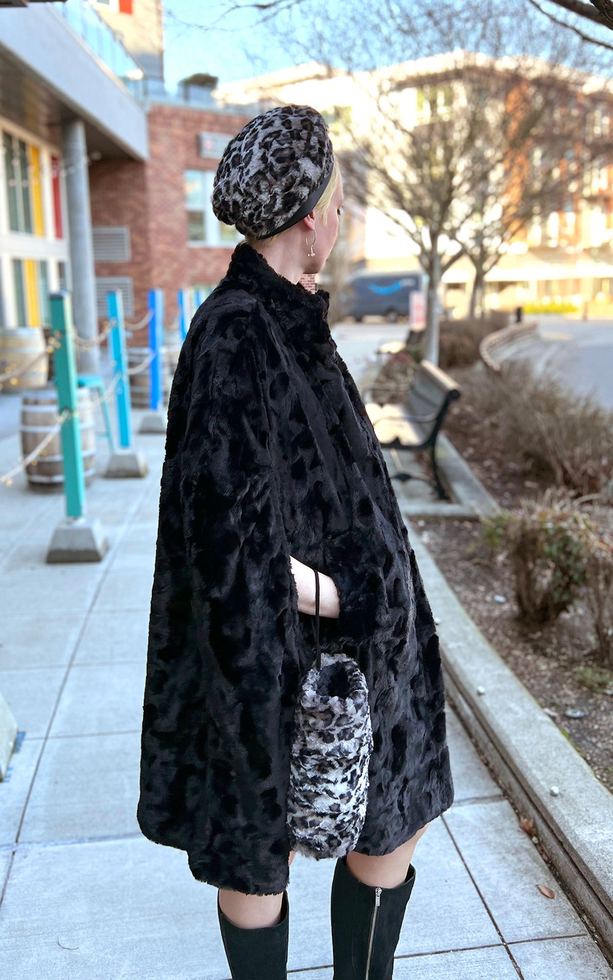 Side View of Long Cape | Cuddly Black Faux Fur | Handmade in Seattle WA USA by Pandemonium Millinery