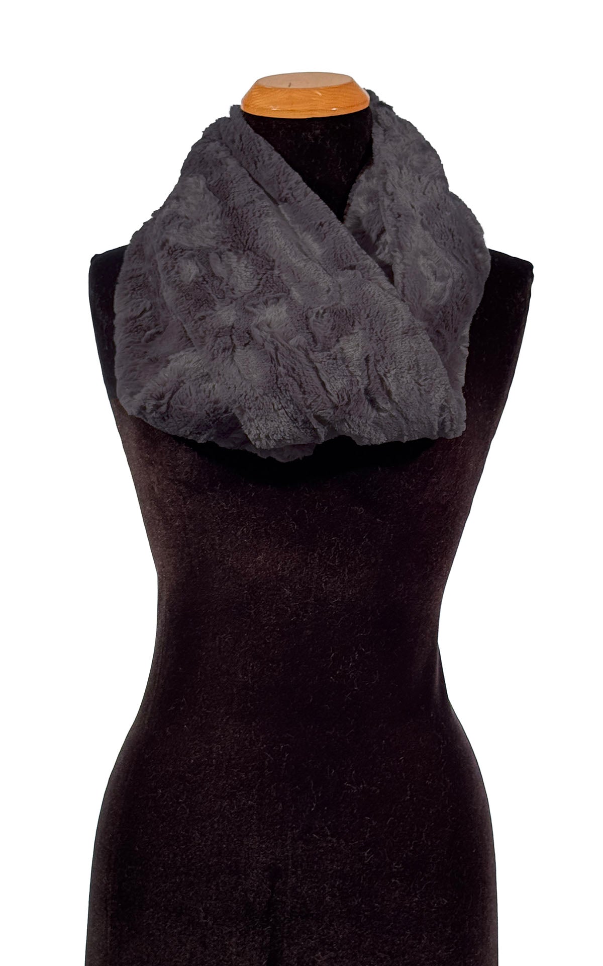 Infinity Scarf in Cuddly Smoky Faux Fur. Shown looped closer to neckline. Made in Seattle, WA, USA by Pandemonium Seattle.