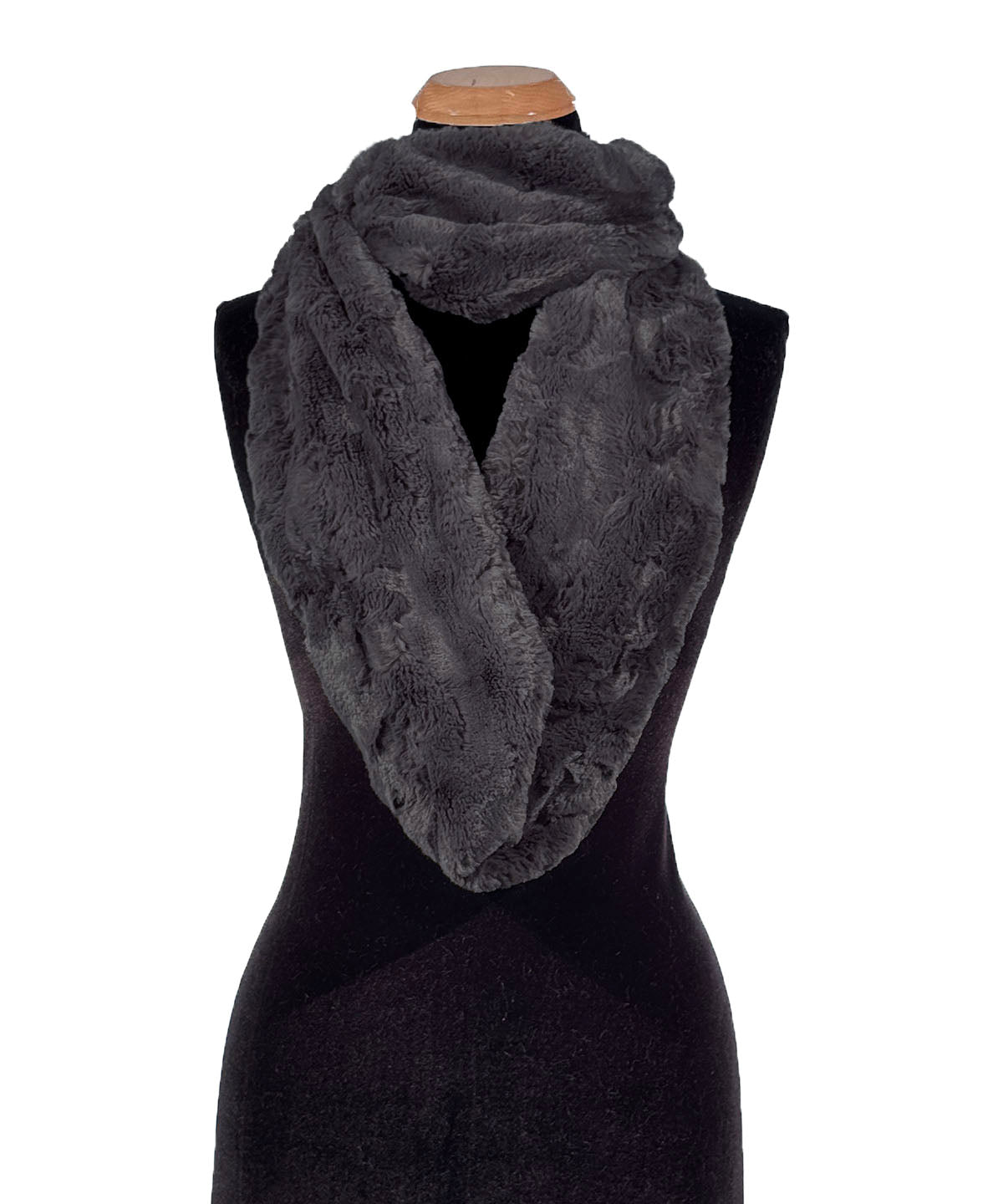 Infinity Scarf in Cuddly Smoky Faux Fur. Shown looped twice. Made in Seattle, WA, USA by Pandemonium Seattle.