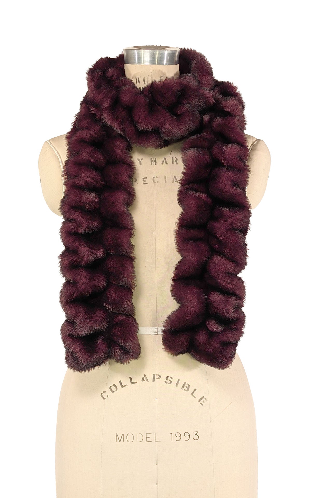  Scarf in Cherry Bomb Royal Opulence Faux Fur looped around mannequin neckline.  Handsewn in Seattle, WA, USA  by Pandemonium Seattle