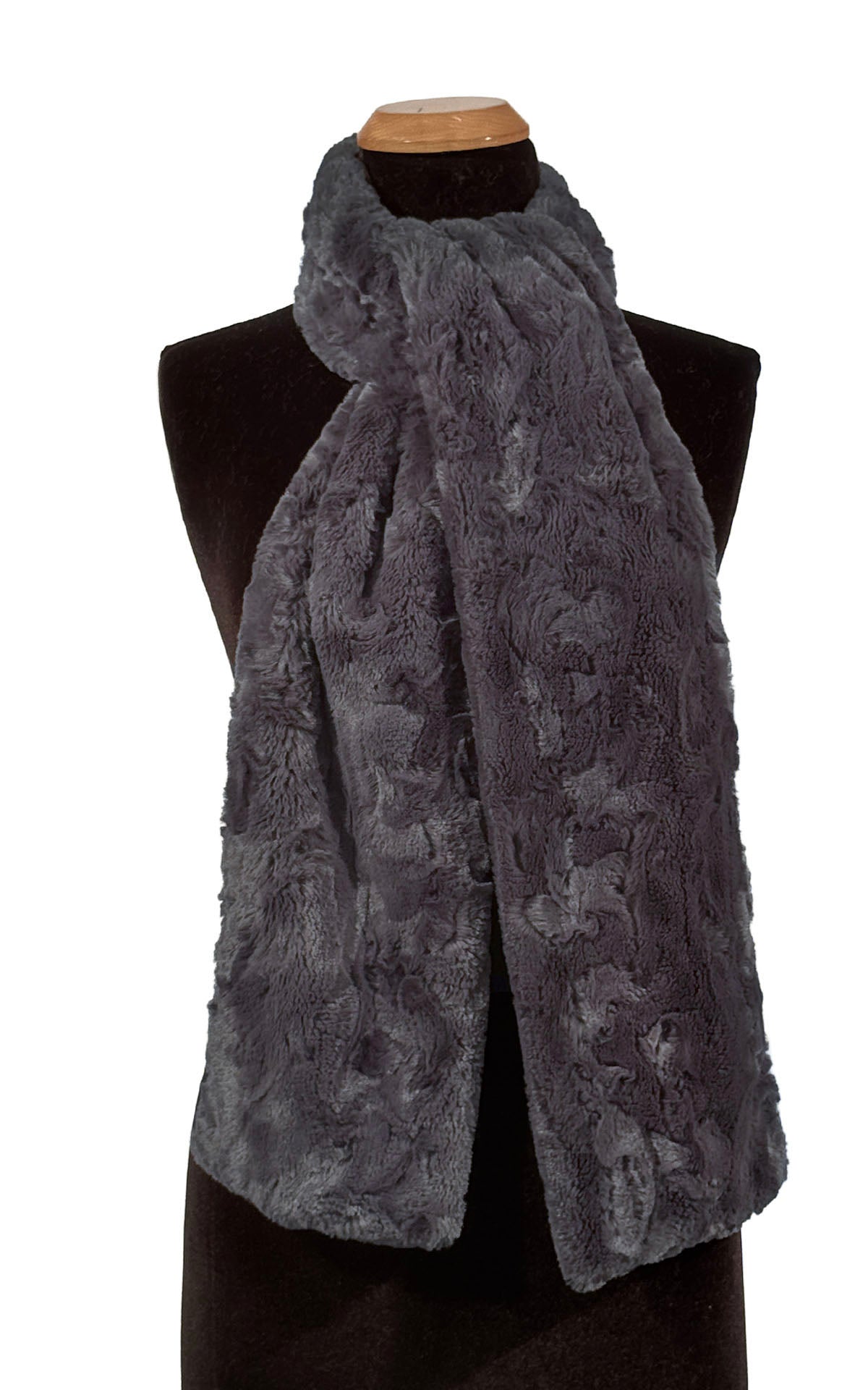 Classic Scarf in Cuddly Smoky Faux Fur tied loosely around the neck of the mannequin. Made in Seattle, WA, USA by Pandemonium Seattle.
