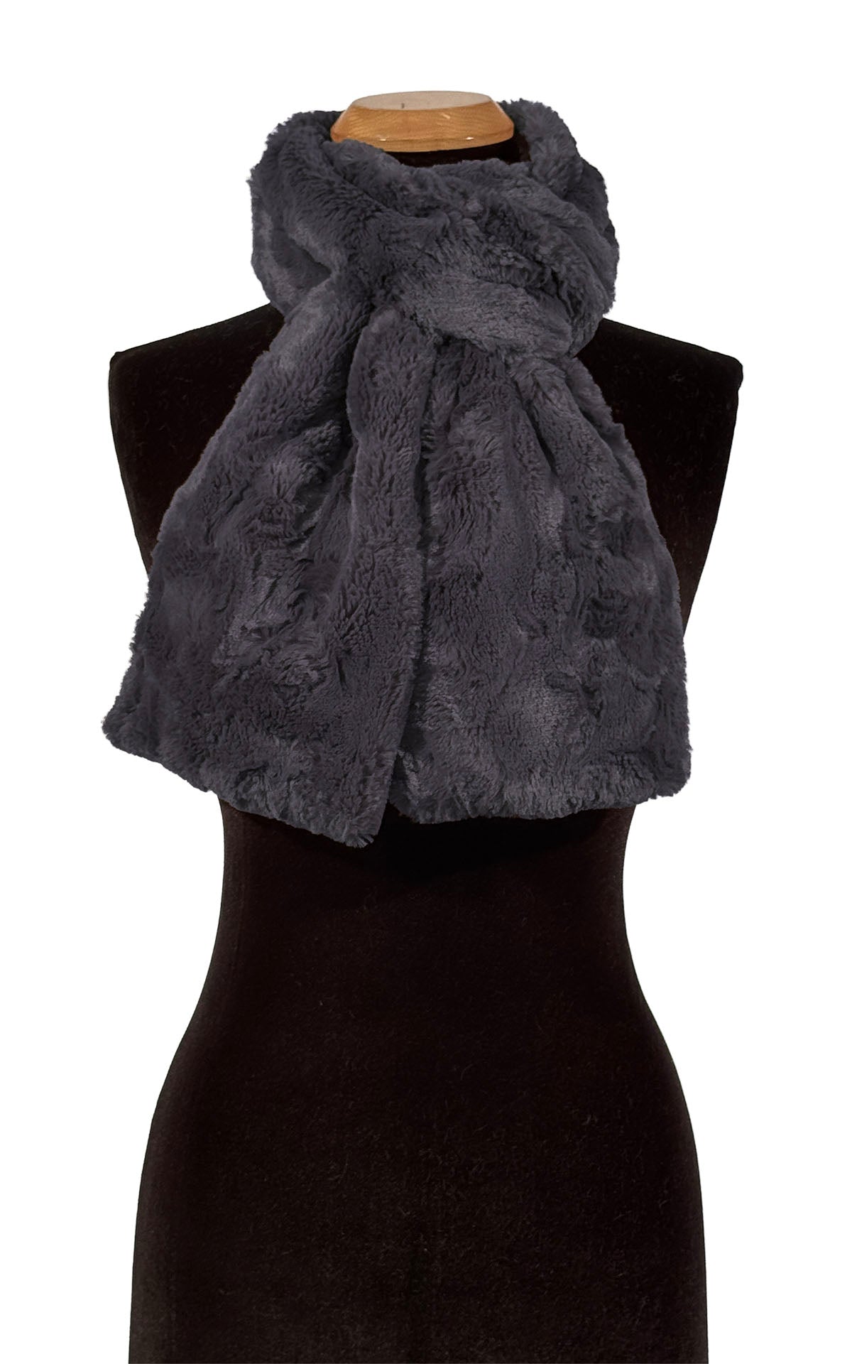 Classic Scarf in Cuddly Smoky Faux Fur tied around the neck of the mannequin. Made in Seattle, WA, USA by Pandemonium Seattle.