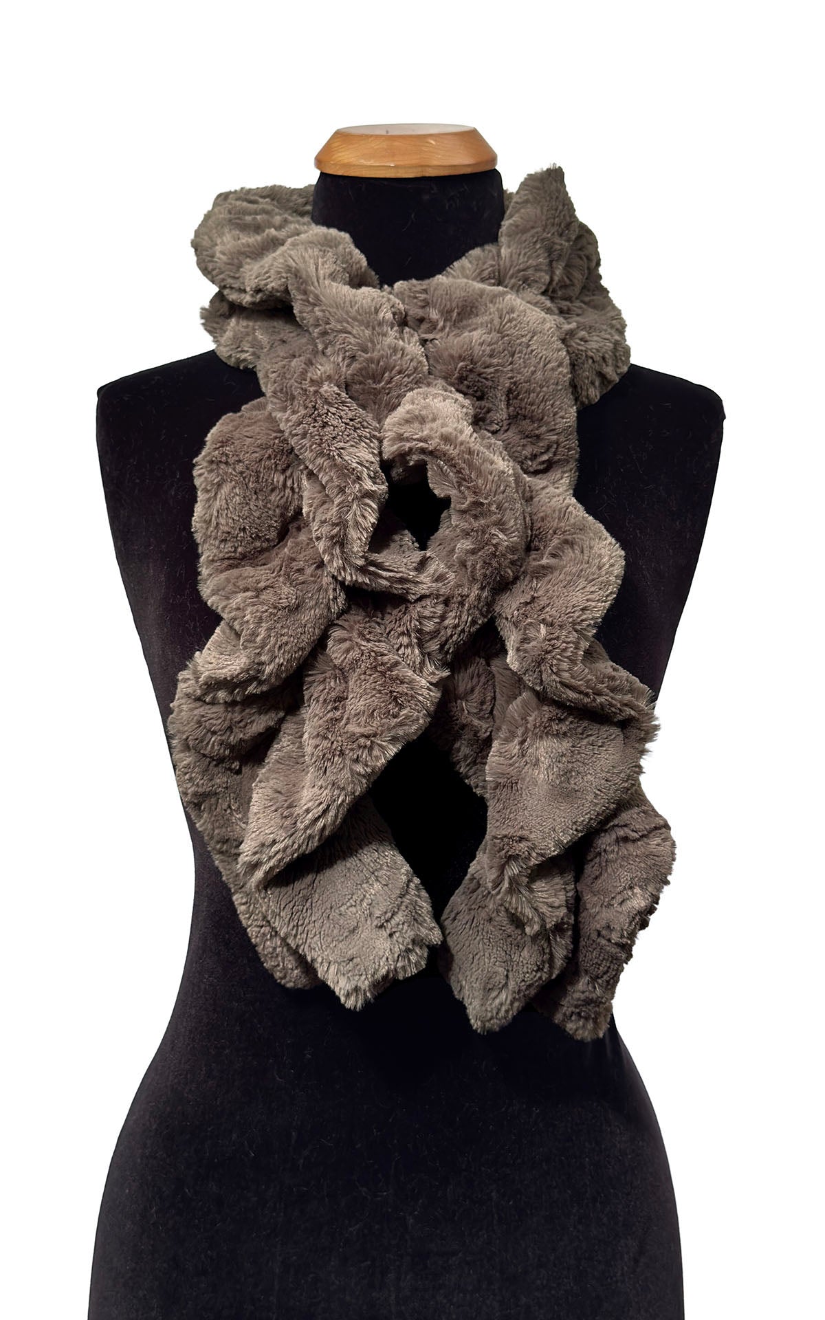 Scrunchy Scarf in Classic Cuddly Taupey Faux Fur. Shown looped around neckline. Made in Seattle, WA, USA by Pandemonium Seattle.