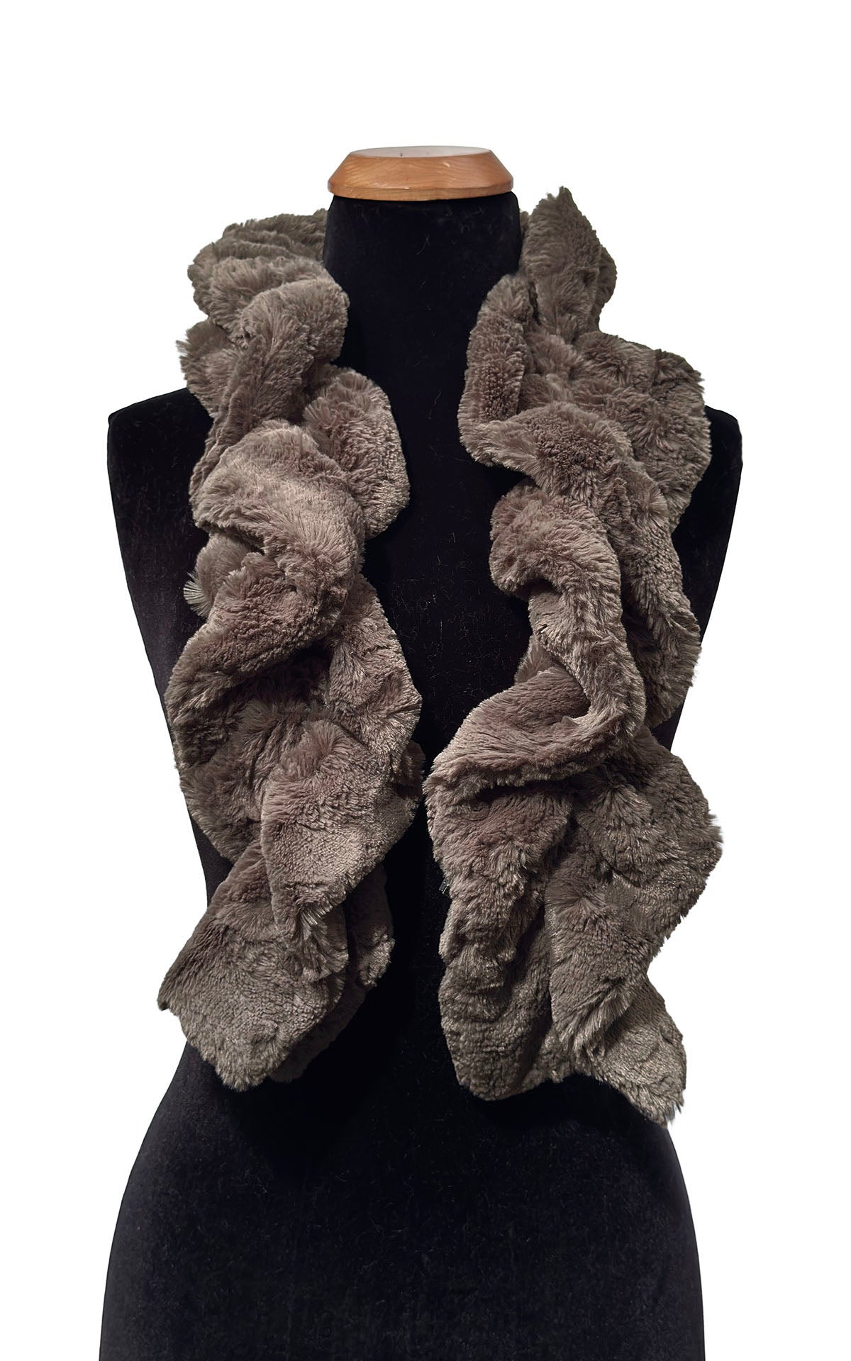 Scrunchy Scarf in Classic Cuddly Taupey Faux Fur. Made in Seattle, WA, USA by Pandemonium Seattle.