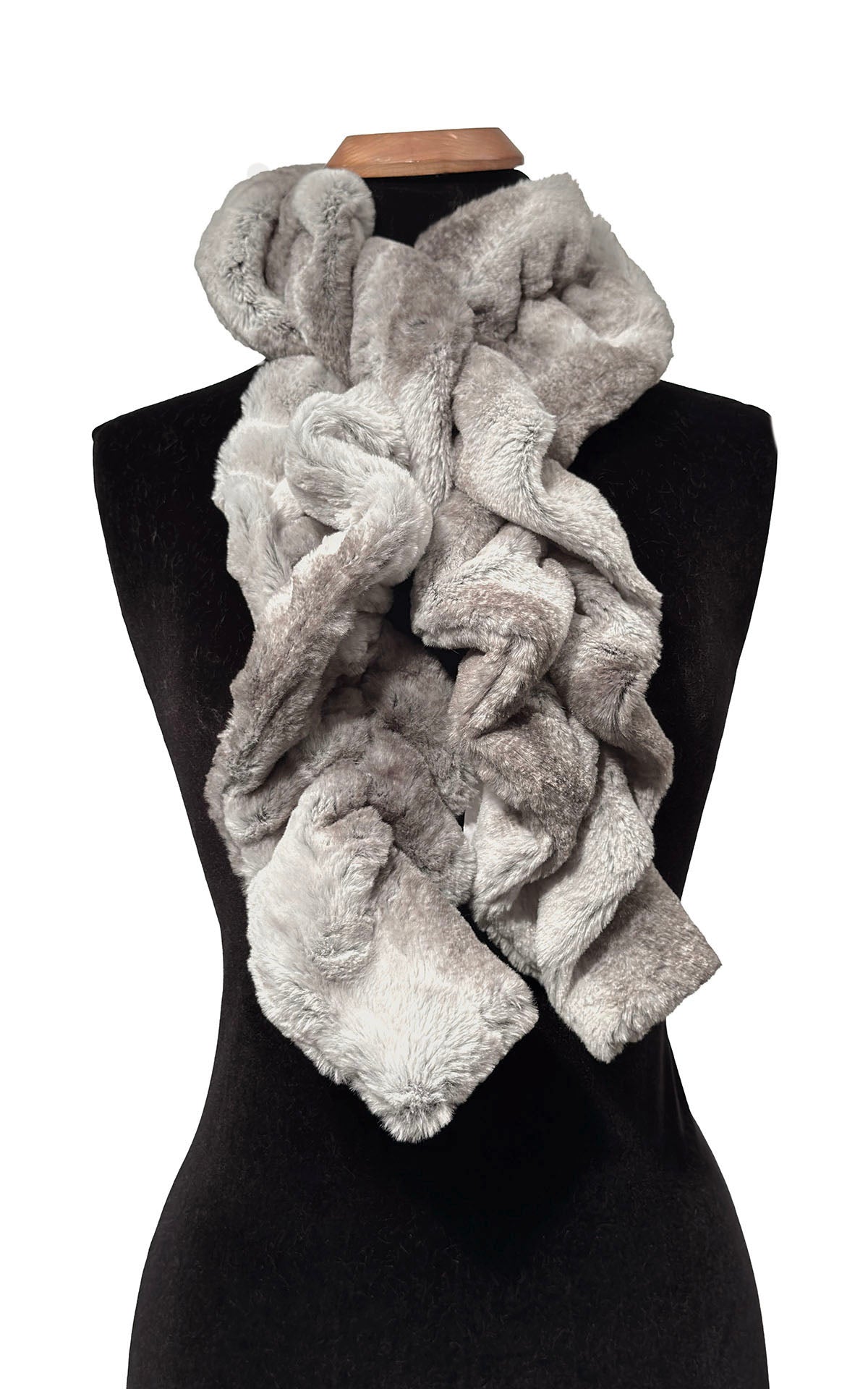 Scrunchy Scarf in Classic Luxury Driftwood Faux Fur. Made in Seattle, WA, USA by Pandemonium Seattle.