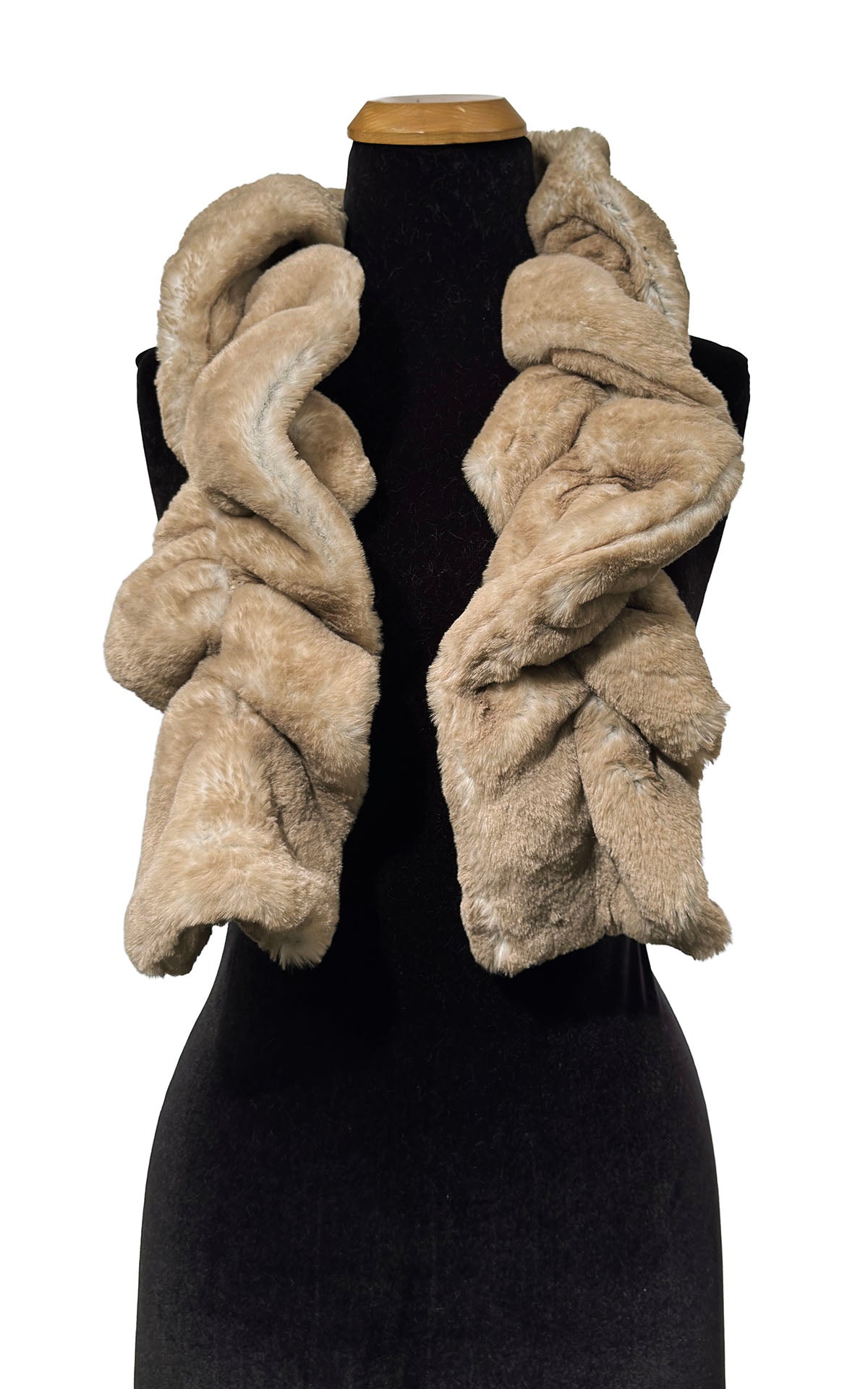 Scrunchy Scarf in Coastal Plush Golden Bluff Faux Fur. Shown draped around neckline. Made in Seattle, WA, USA by Pandemonium Seattle.