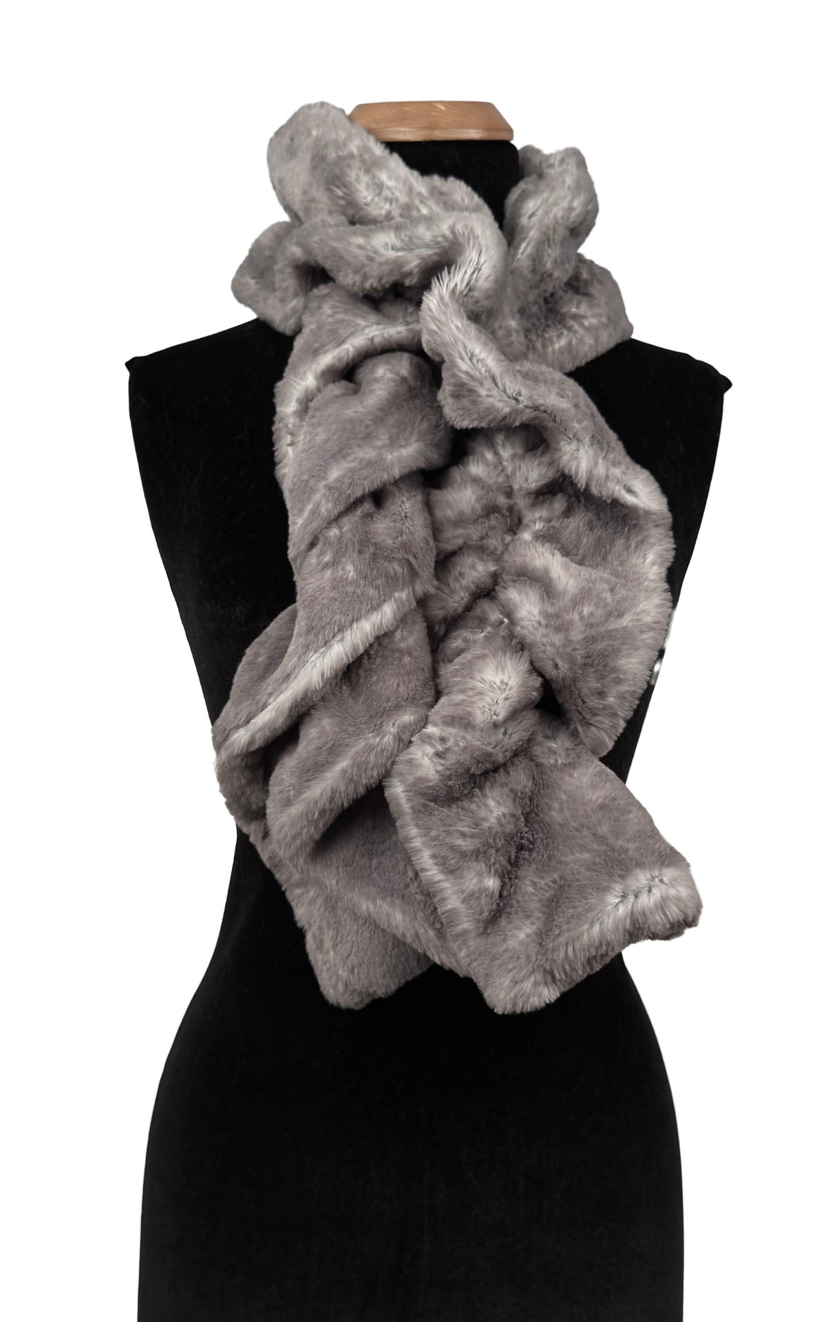 Scrunchy Scarf in Coastal Plush Olympic Fog Faux Fur. Shown draped around neckline. Made in Seattle, WA, USA by Pandemonium Seattle.