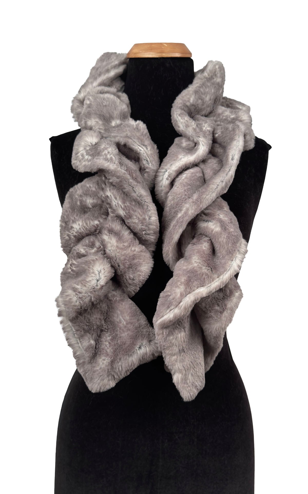 Scrunchy Scarf in Coastal Plush Olympic Fog Faux Fur. Shown draped loosely around neckline. Made in Seattle, WA, USA by Pandemonium Seattle.