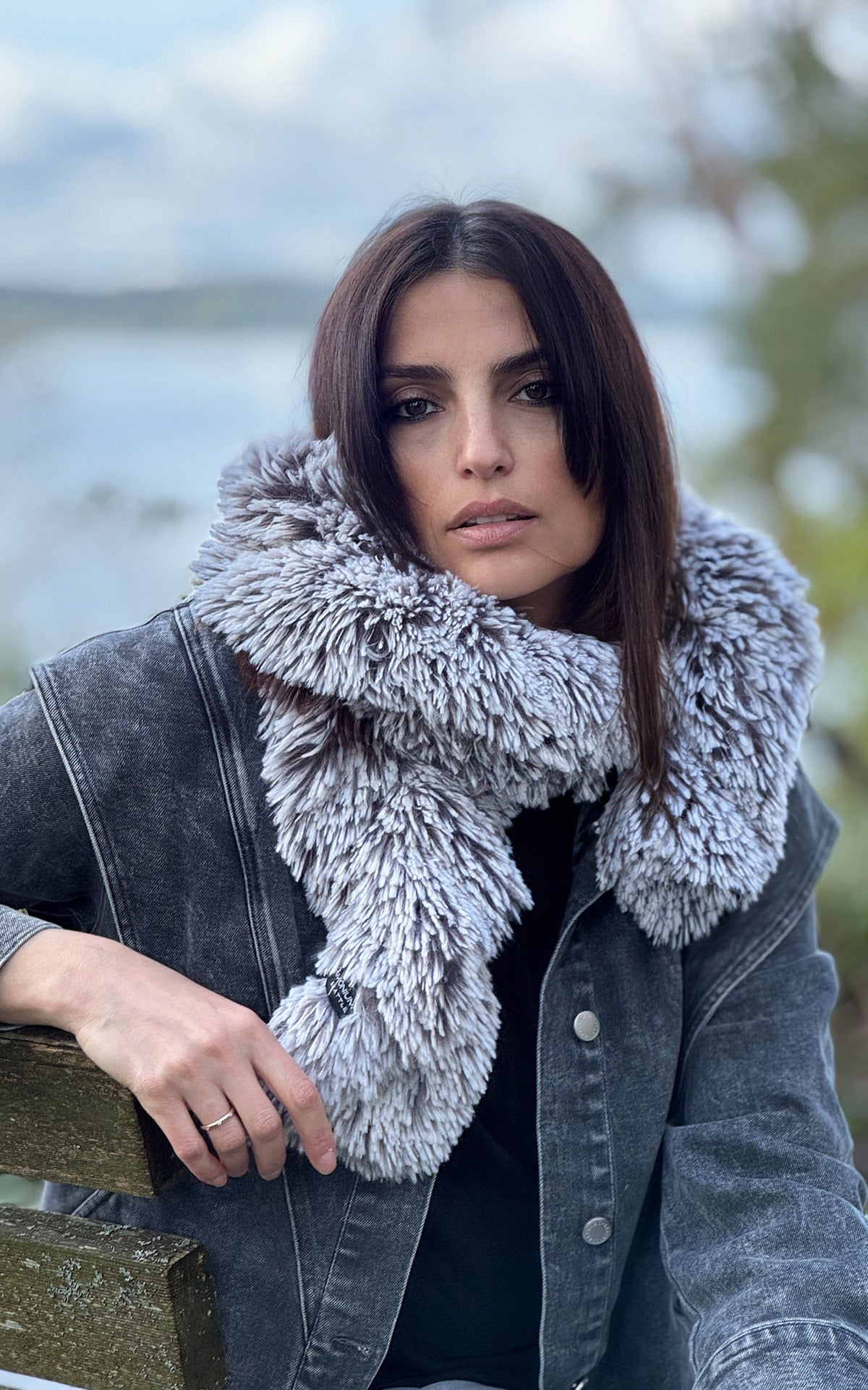 Woman wearing the Scrunchy Scarf in Pearl Fox Faux Fur. Made in Seattle, WA, USA by Pandemonium Seattle.