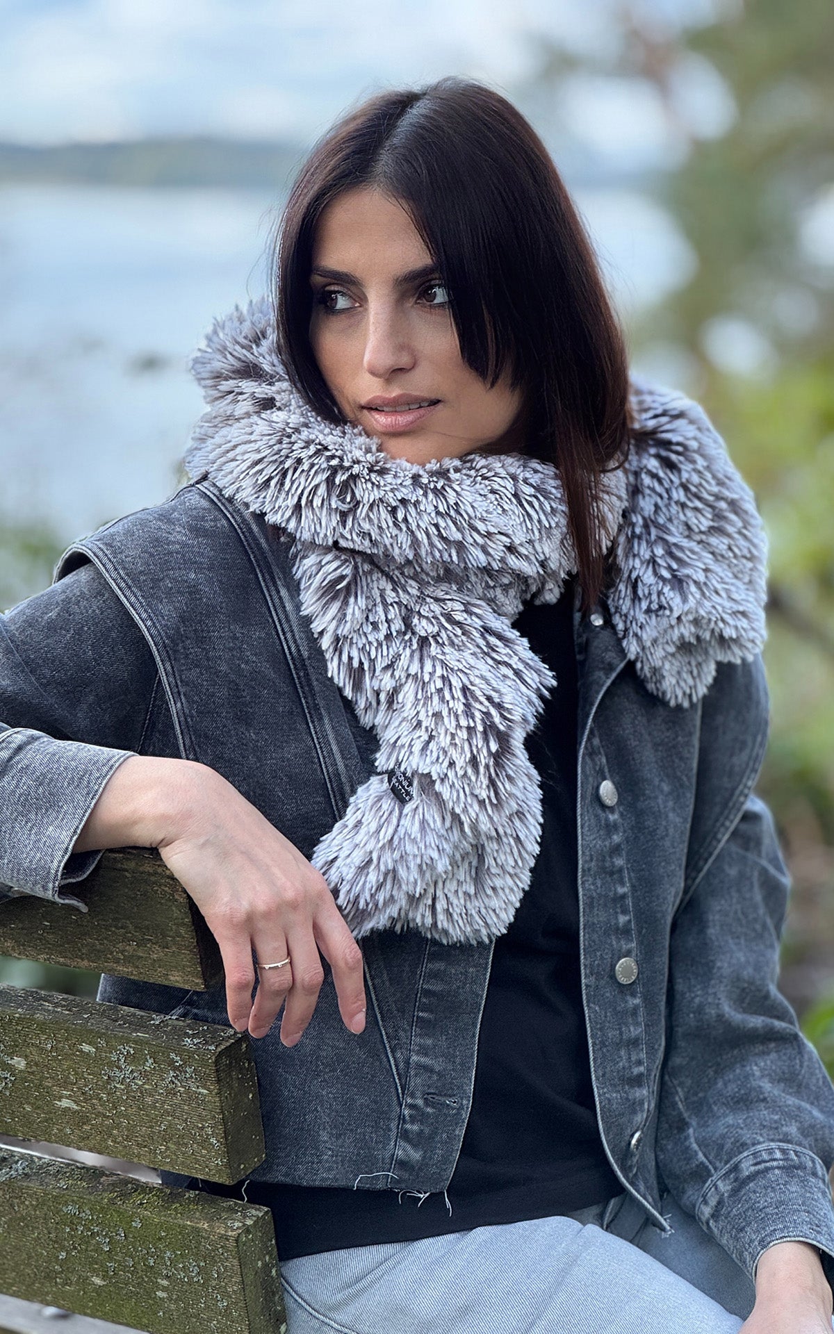 Woman wearing the Scrunchy Scarf in Pearl Fox Faux Fur, shown in profile. Made in Seattle, WA, USA by Pandemonium Seattle.